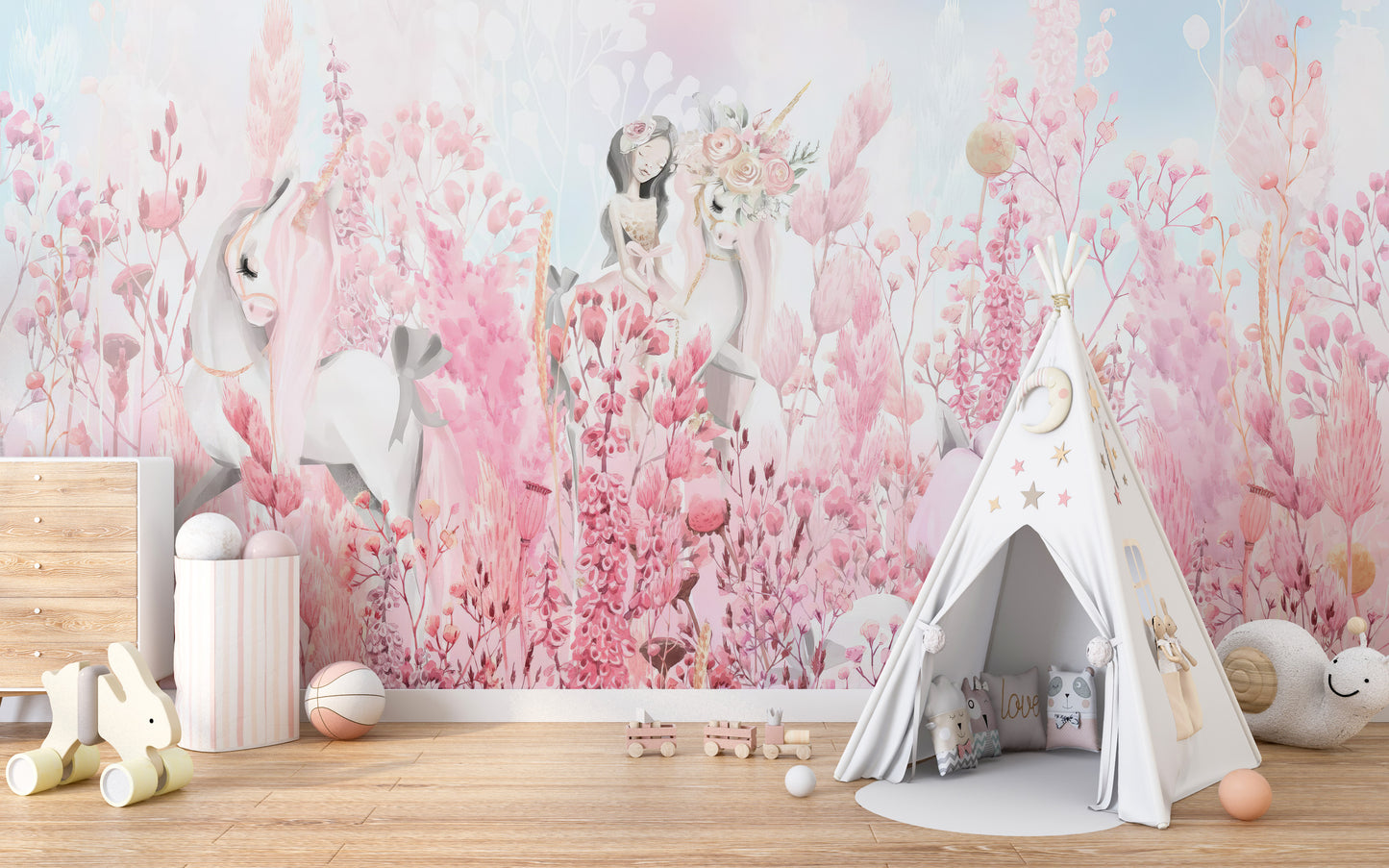 Brighten your space with Pink Blossom Unicorn Mural