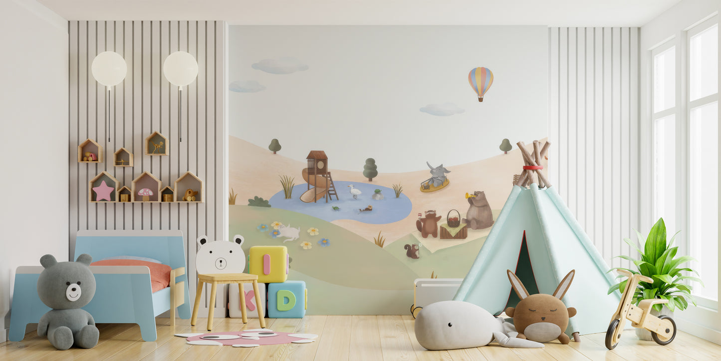 Playful Animals Garden Wall Mural with bright colors