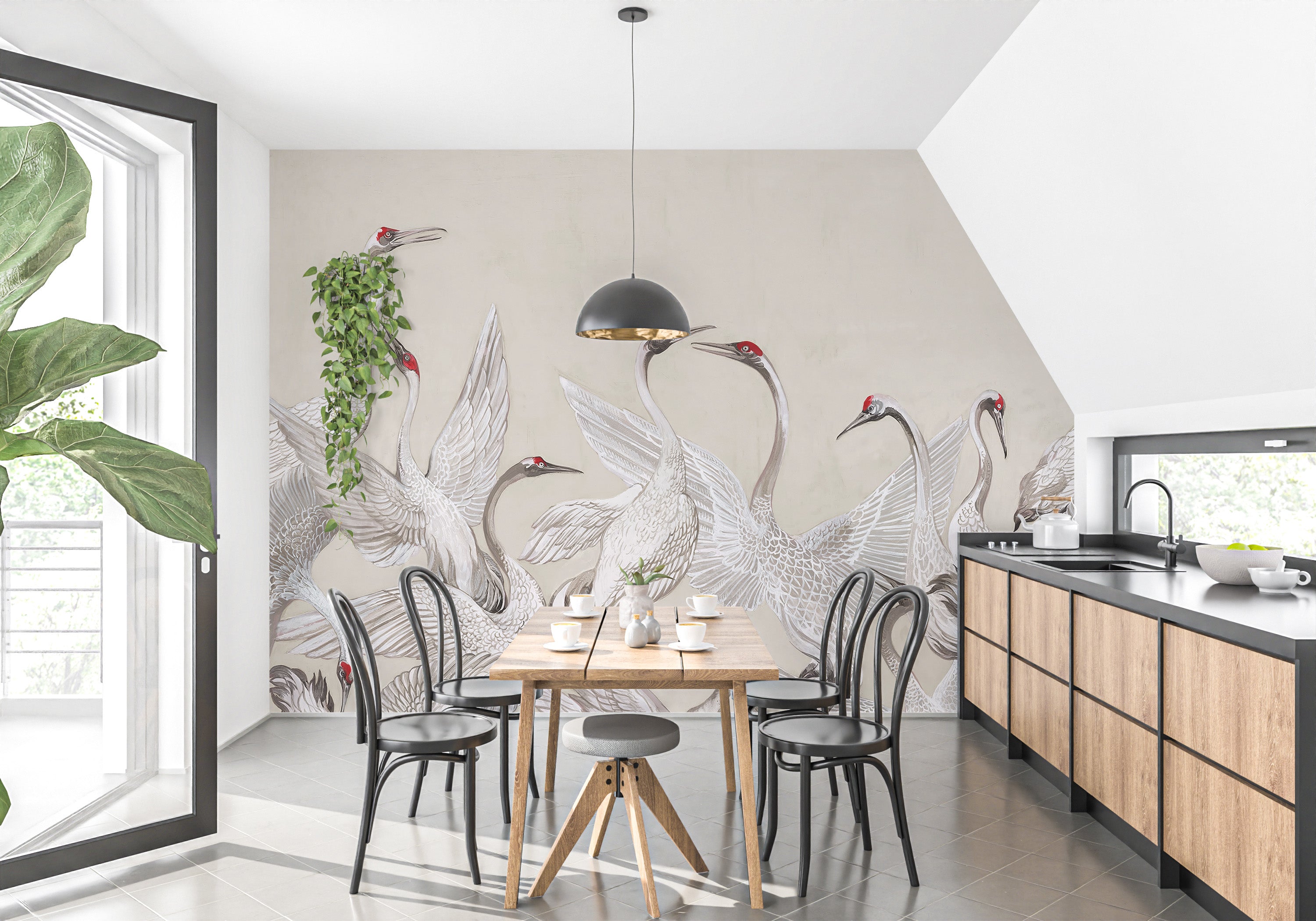 Red Crowned Cranes Dance Wall Mural for a serene atmosphere