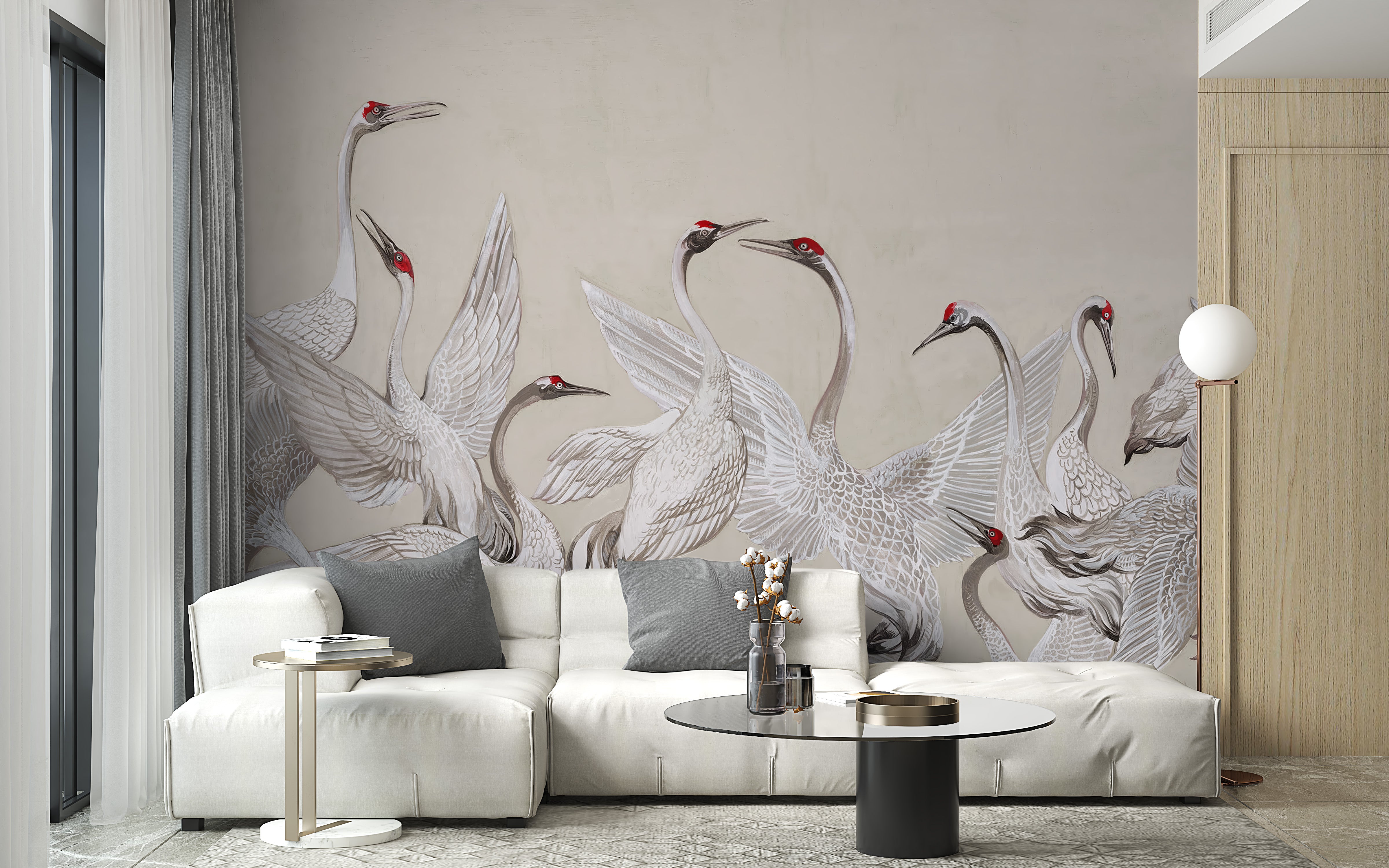 Red Crowned Cranes Dance Wallpaper Mural with natural beauty