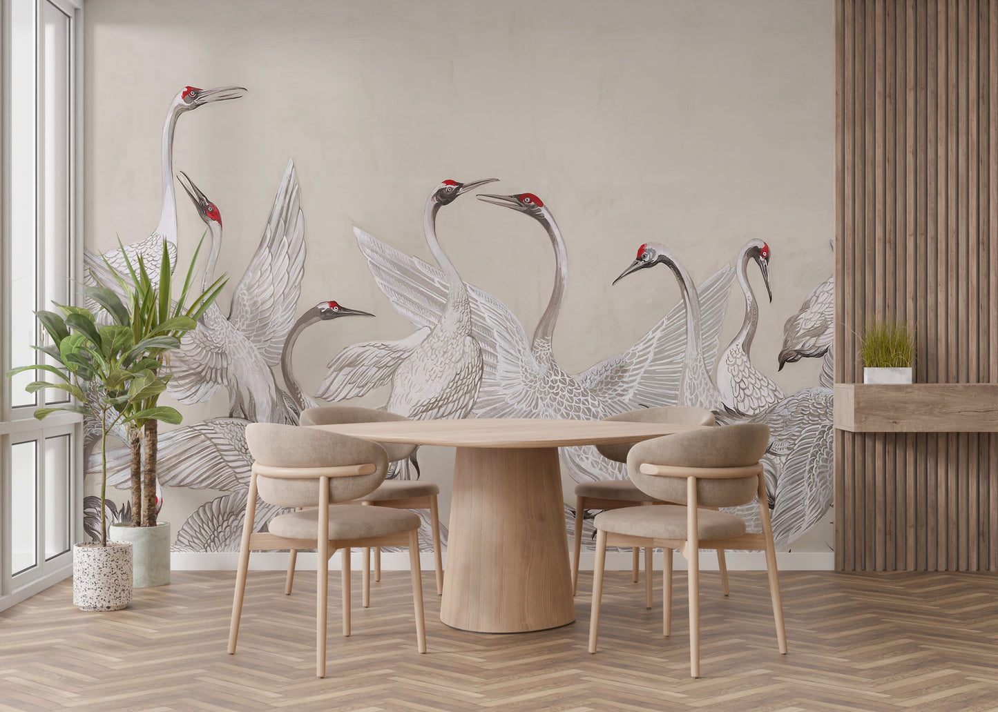 Red Crowned Cranes Dance Wall Mural for an elegant look