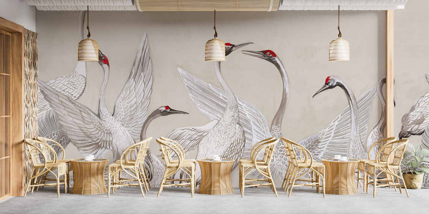 Red Crowned Cranes Dance Wallpaper Mural for a graceful touch