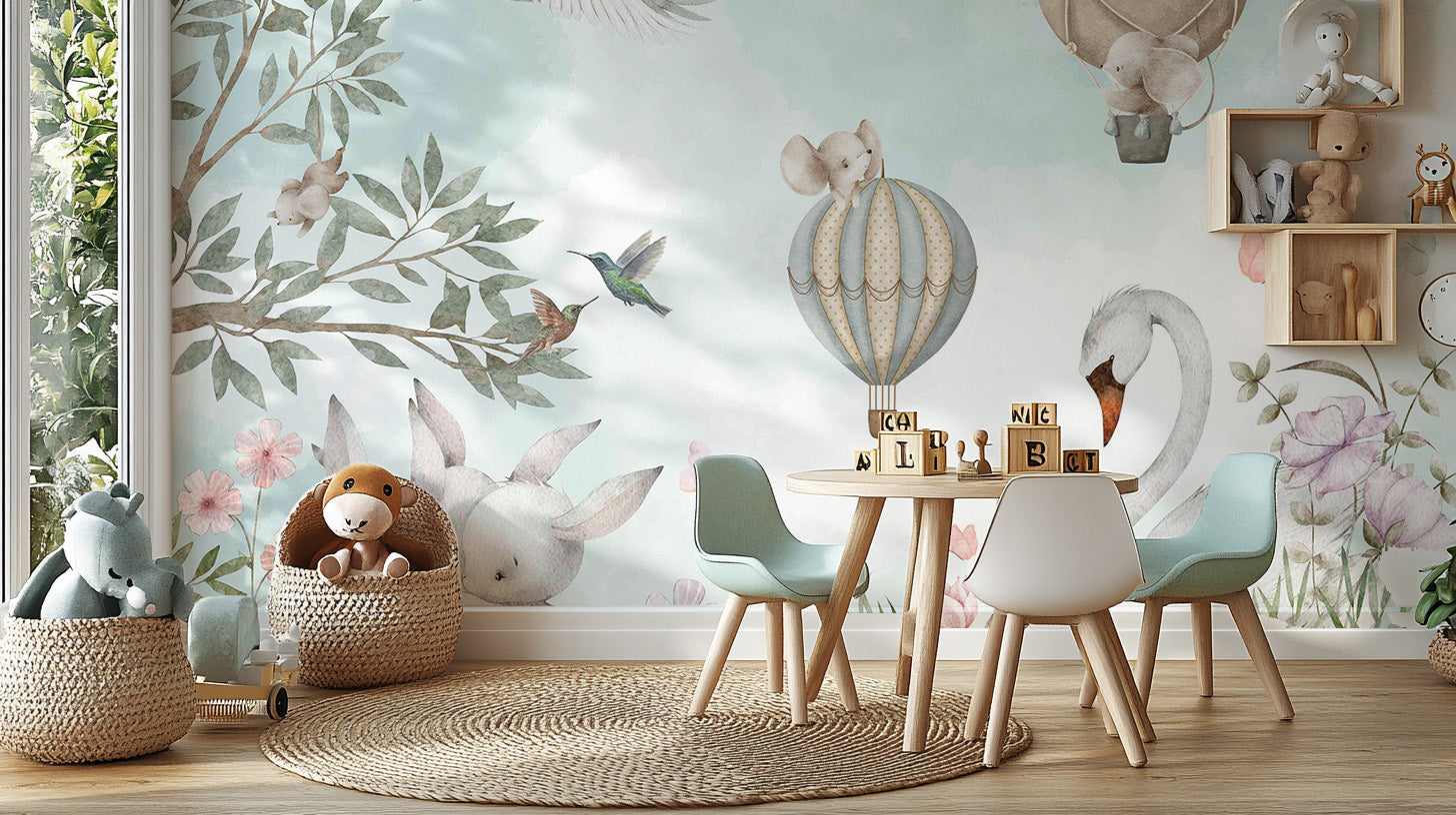 Whimsical Animal Hot Air Wallpaper Mural for your walls