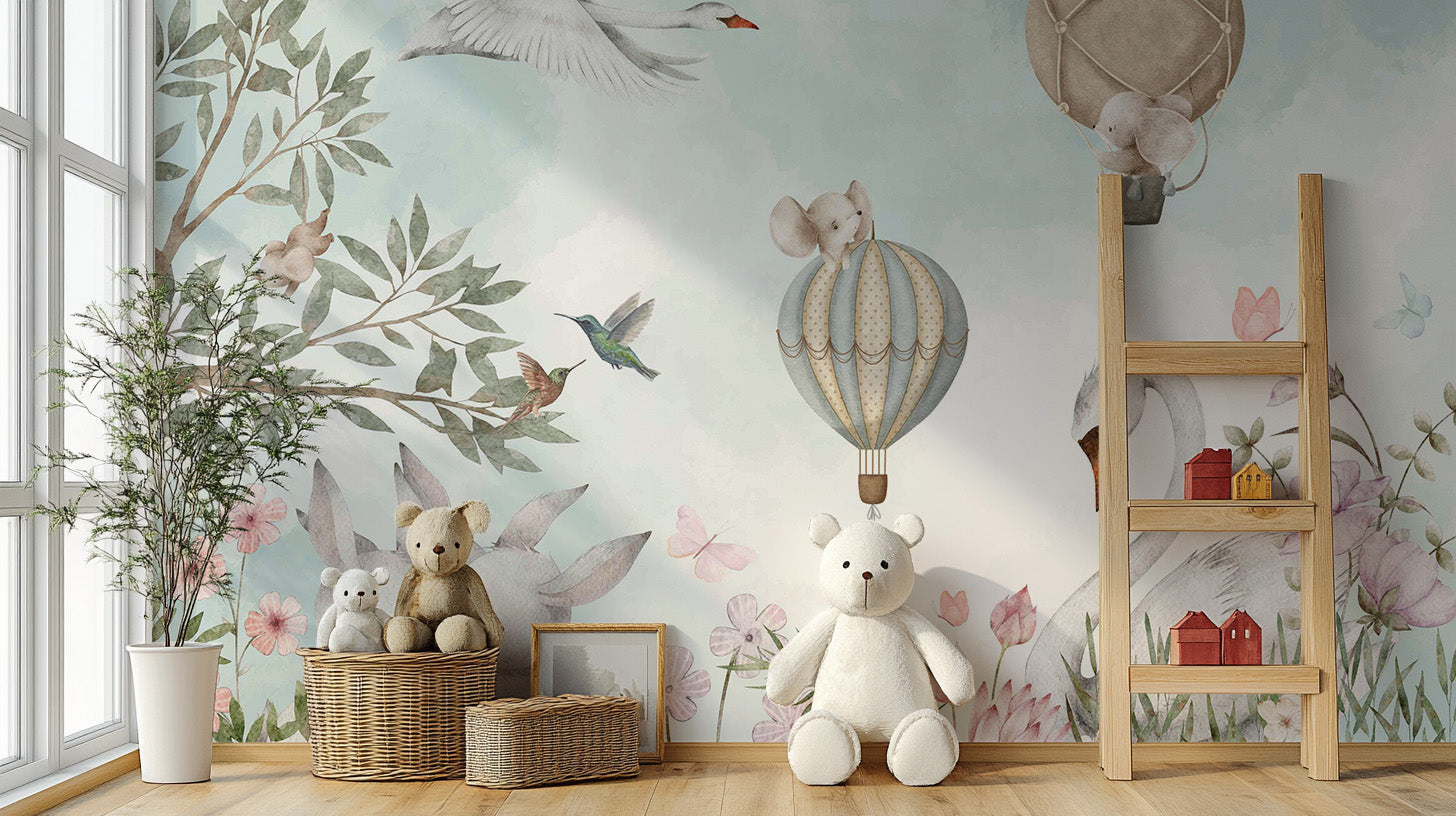 Add charm with Whimsical Animal Hot Air Wall Mural