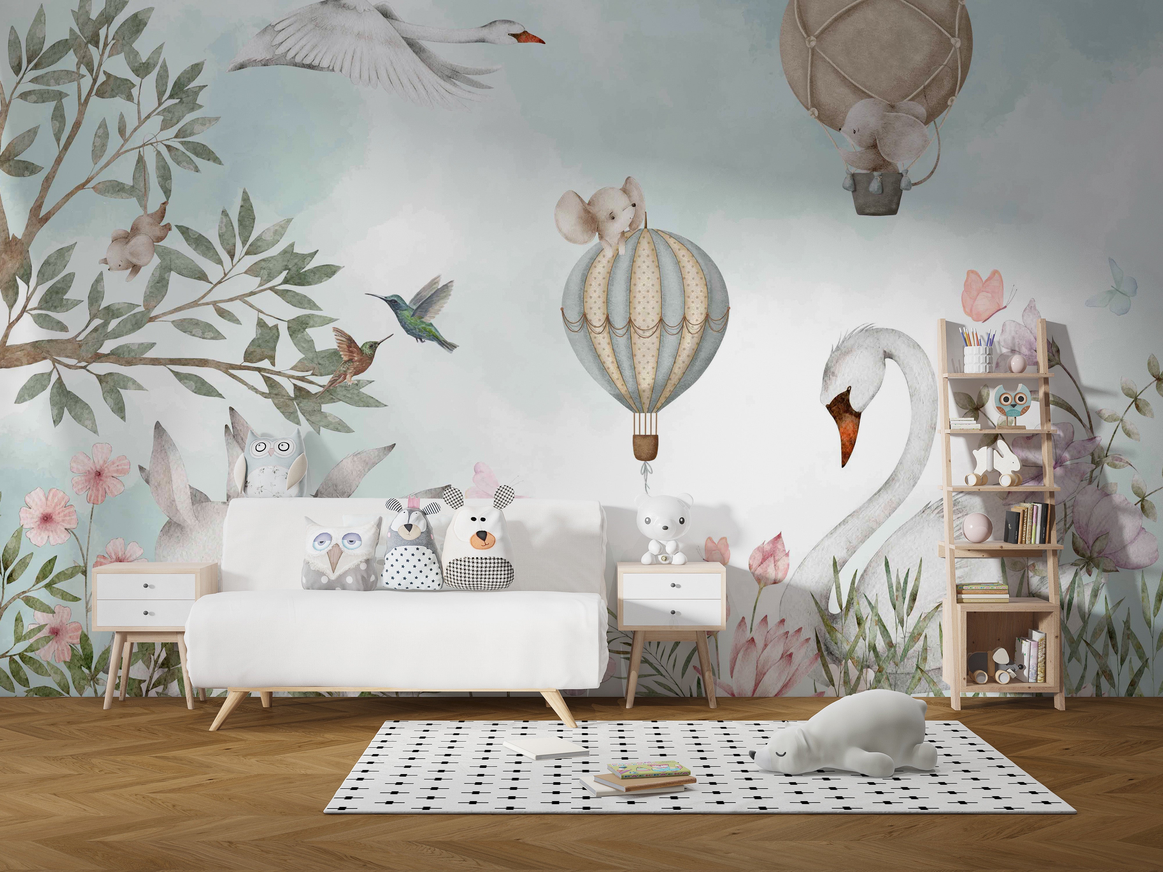 Whimsical Animal Hot Air Wall Mural for a joyful look