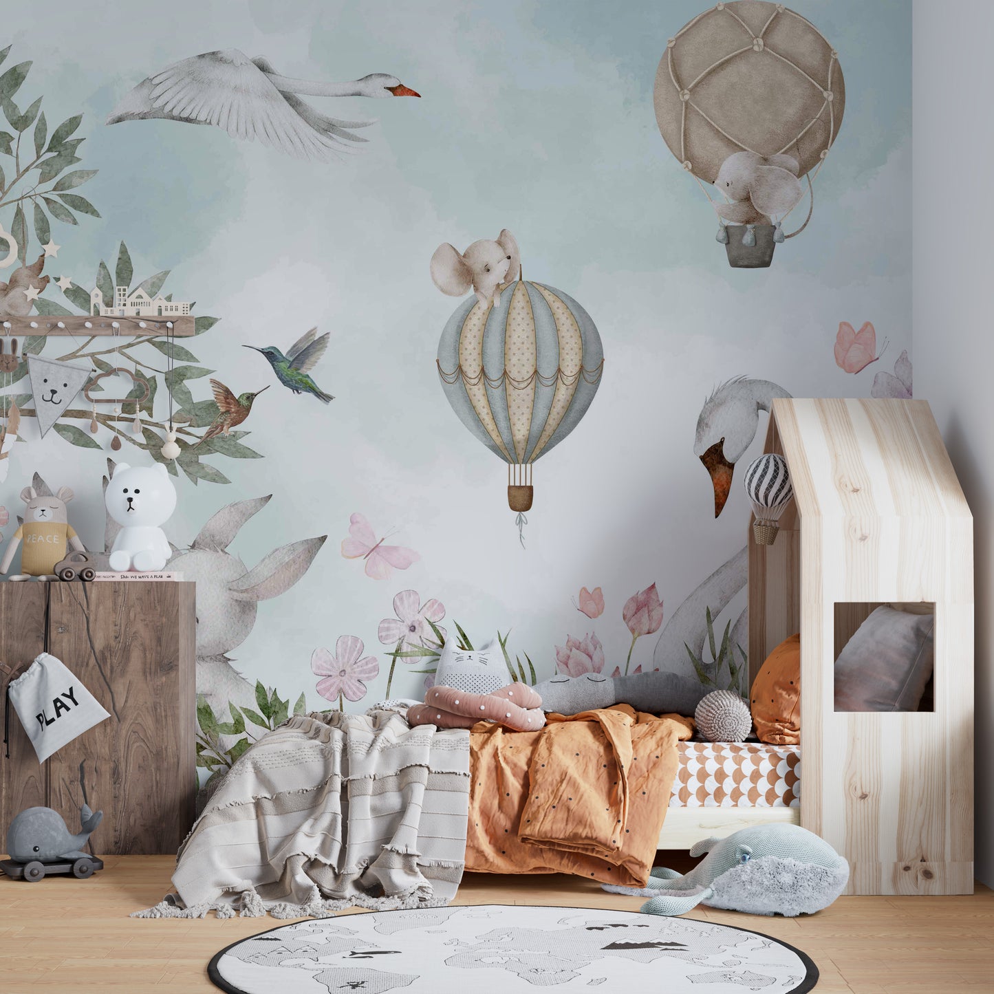 Whimsical Animal Hot Air Wallpaper Mural for a dreamy feel