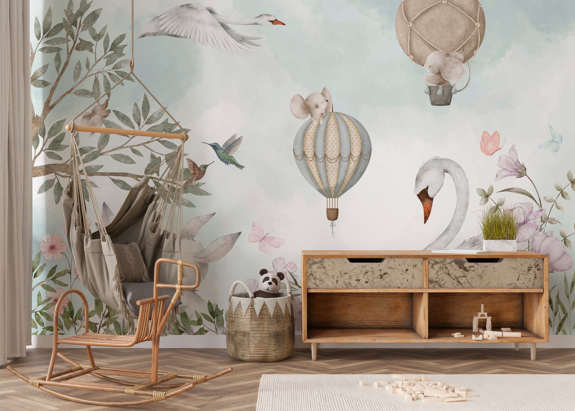 Add whimsy with Whimsical Animal Hot Air Wall Mural