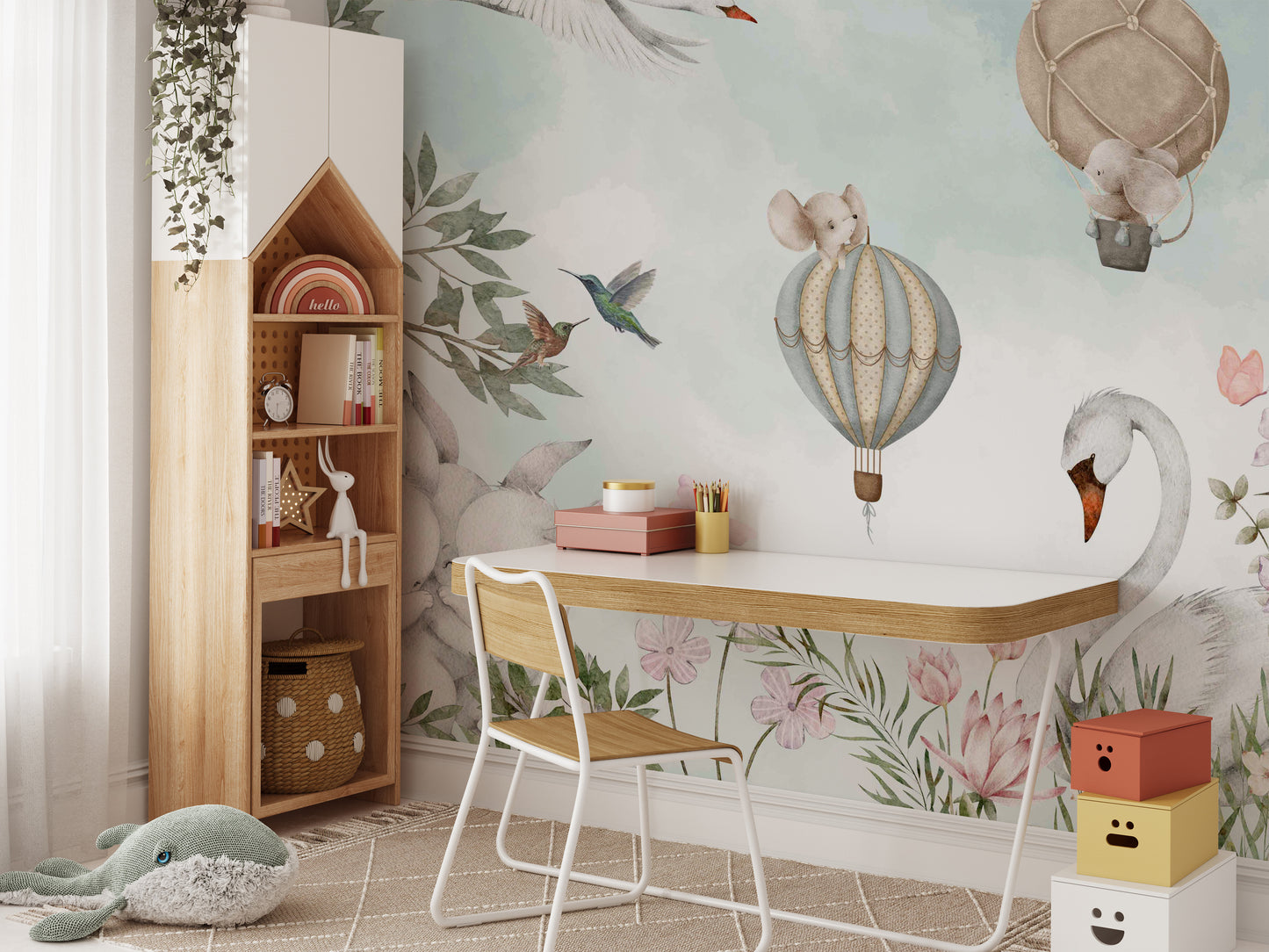 Whimsical Animal Hot Air Wallpaper Mural for a lively space