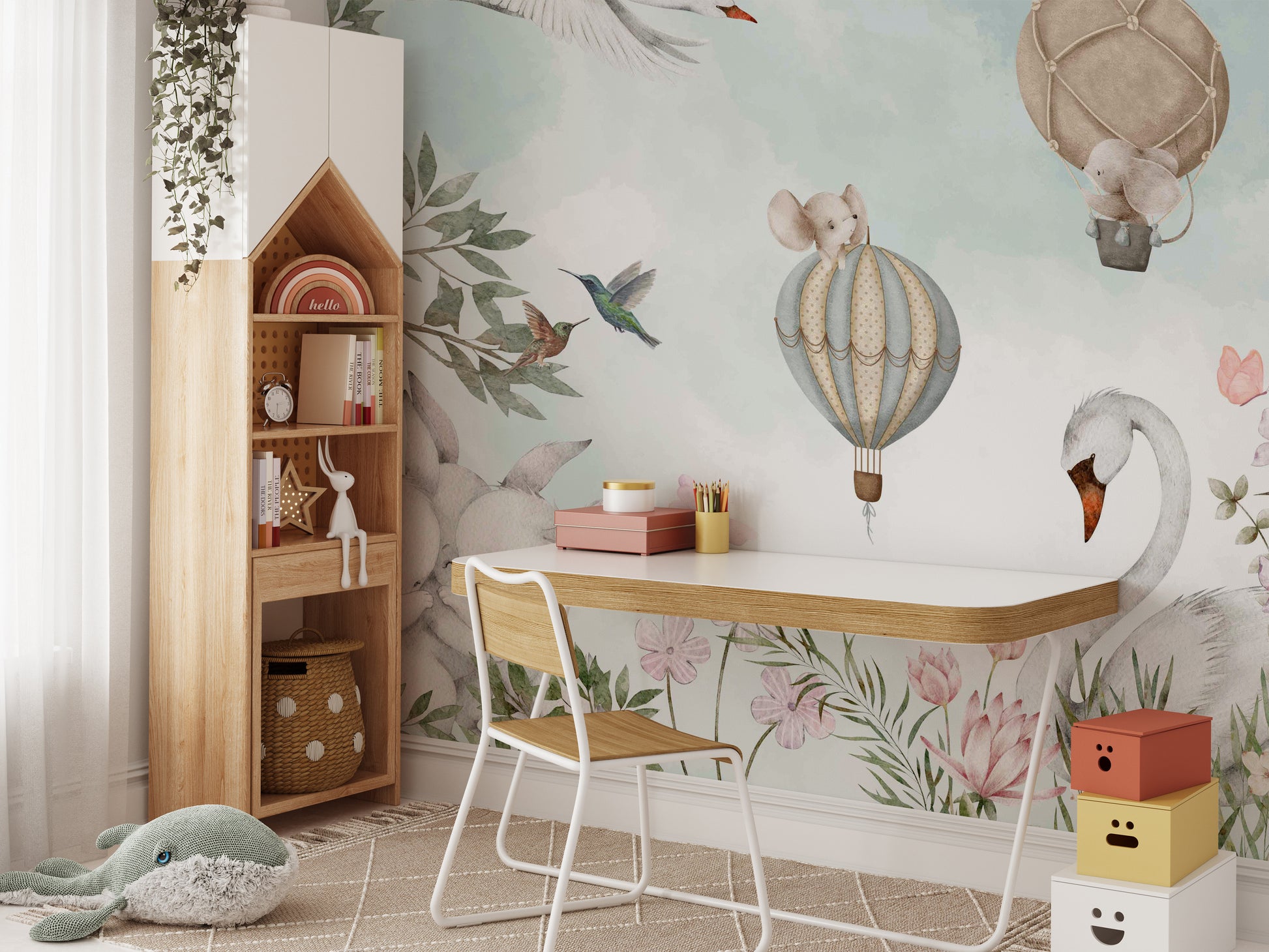 Whimsical Animal Hot Air Wallpaper Mural for a lively space