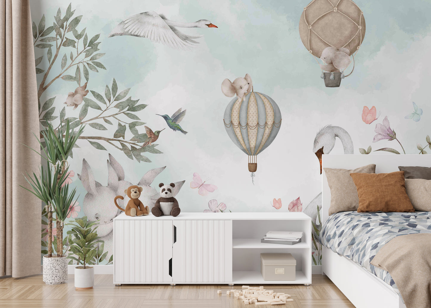 Whimsical Animal Hot Air Wall Mural with cute animals