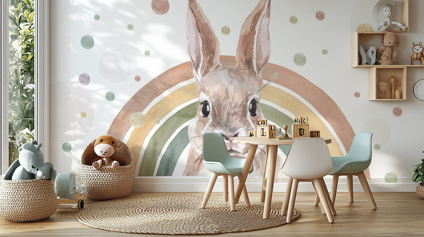 Add whimsy with Rainbow Rabbit Wallpaper Mural