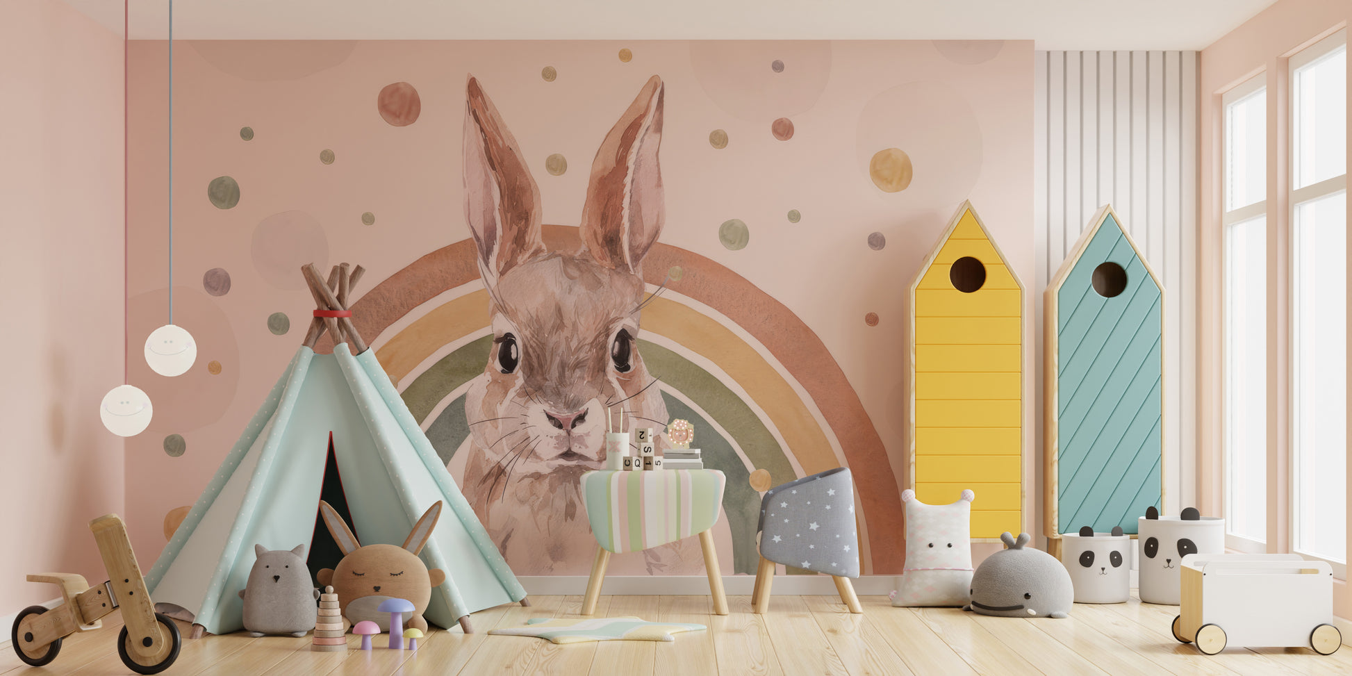 Brighten your space with Rainbow Rabbit Wall Mural