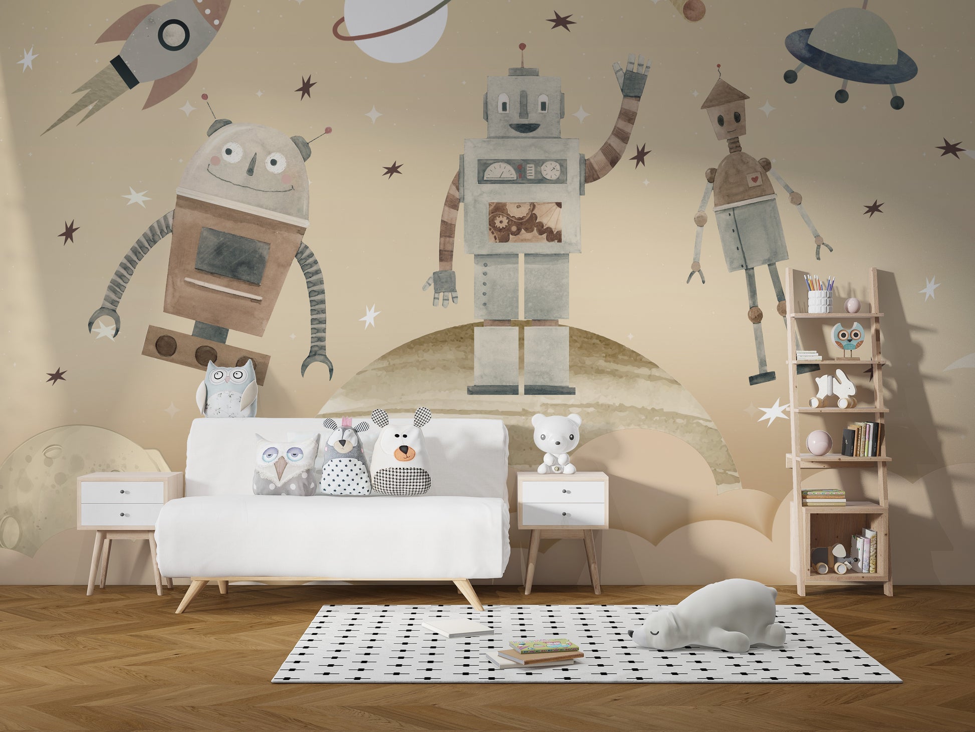 Playful Cosmic Robots Wallpaper Mural for a fun atmosphere