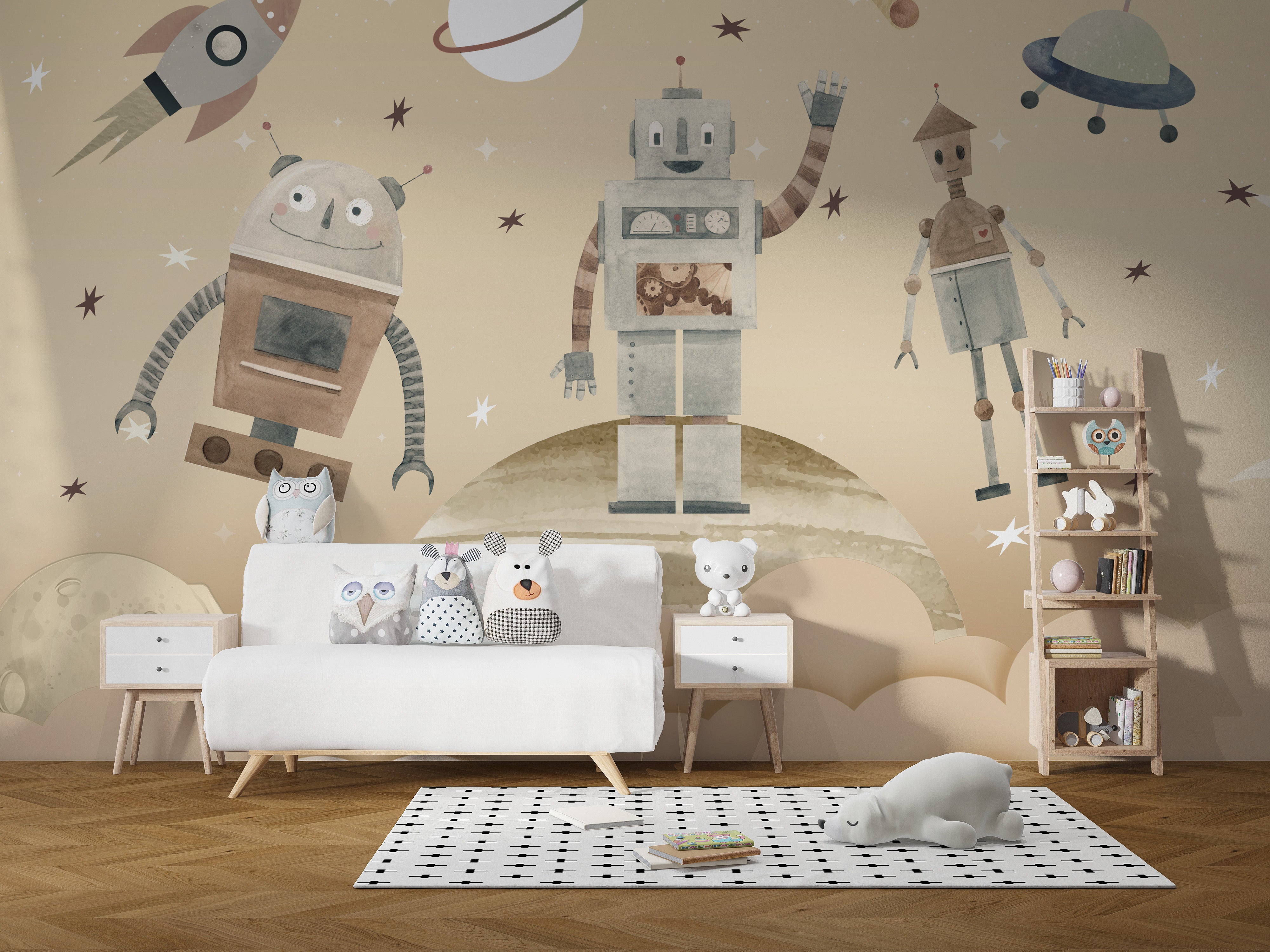 Playful Cosmic Robots Wallpaper Mural for a fun atmosphere