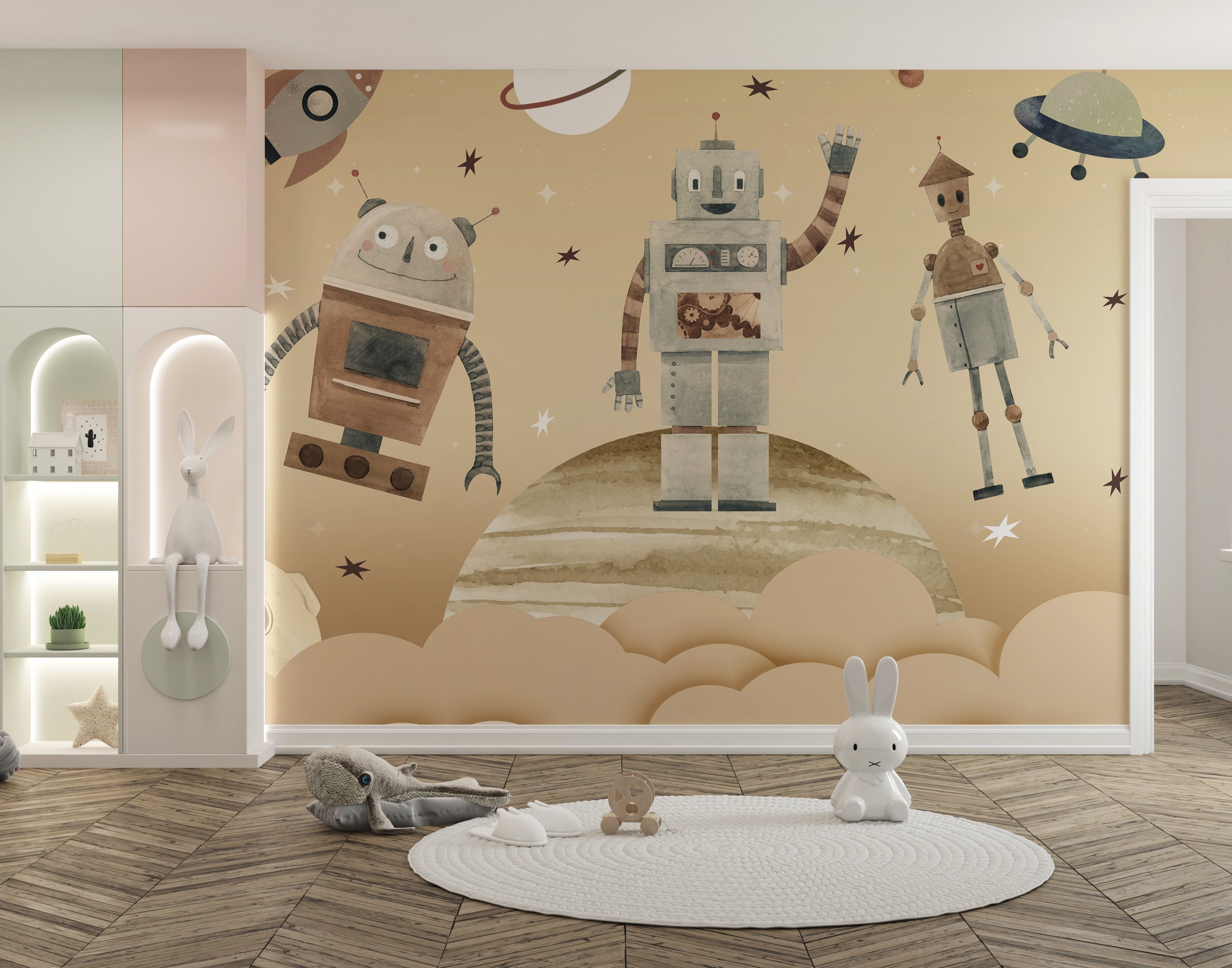 Playful Cosmic Robots Wall Mural with bright robot art