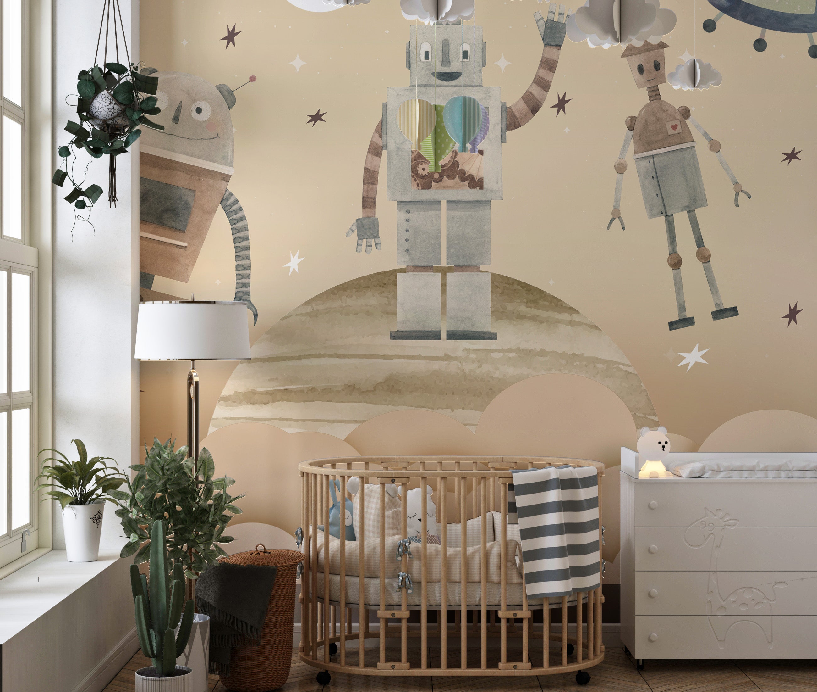 Playful Cosmic Robots Wall Mural with cute robot designs