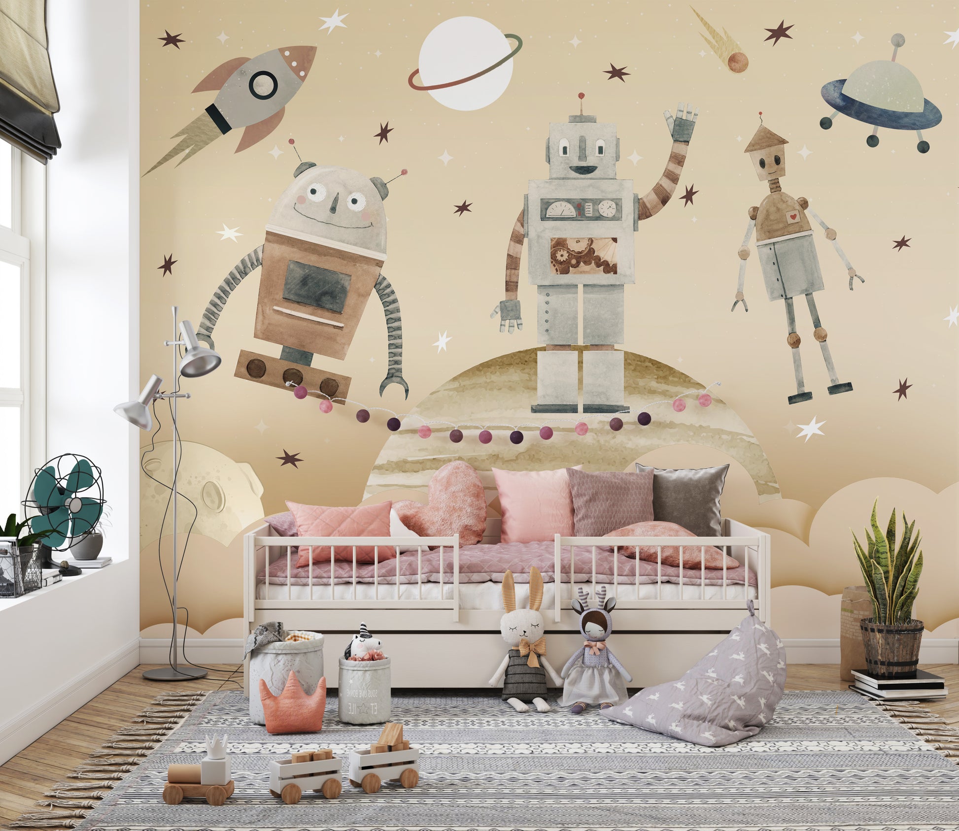 Playful Cosmic Robots Wallpaper Mural with space theme