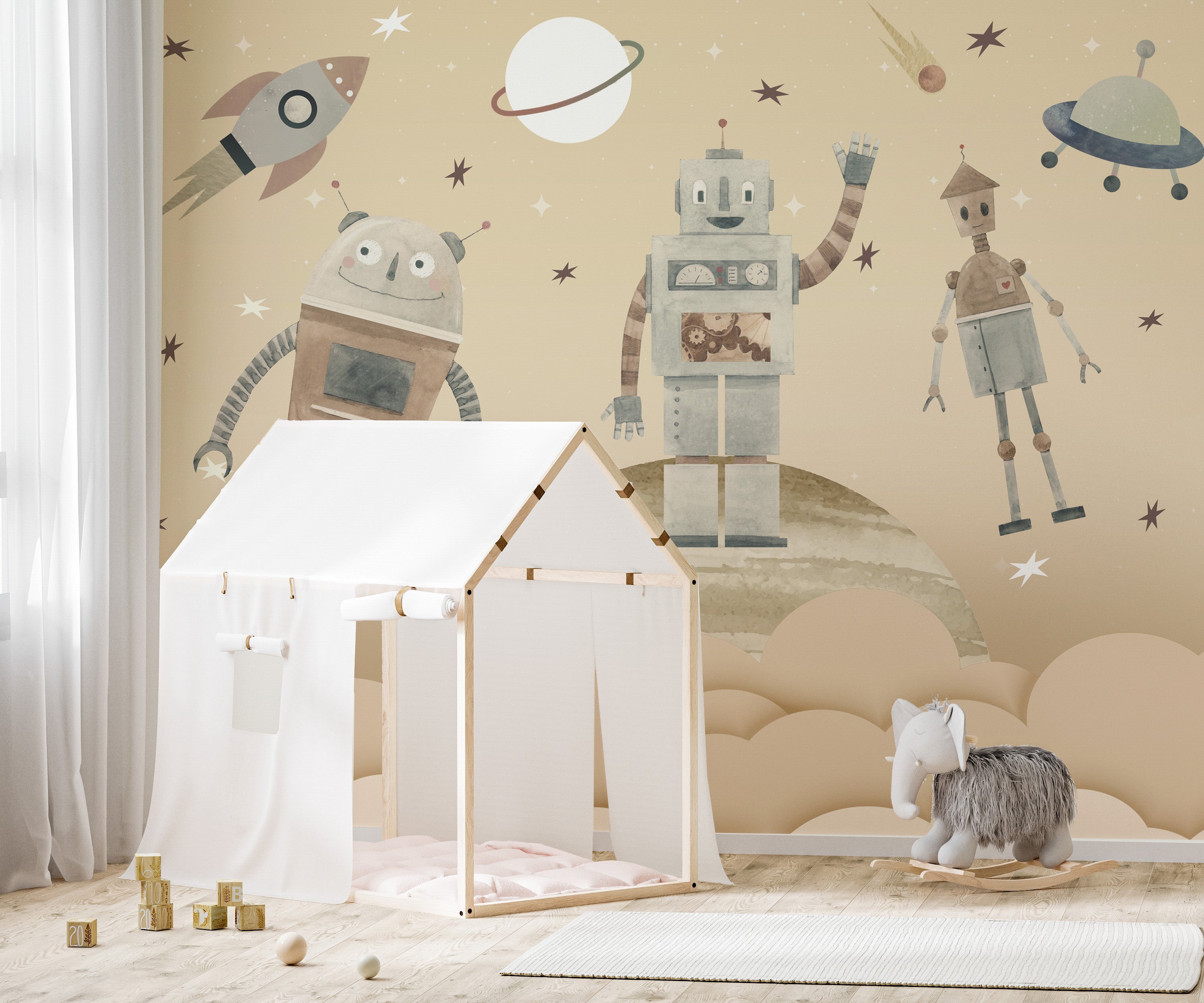 Playful Cosmic Robots Wall Mural for a whimsical look