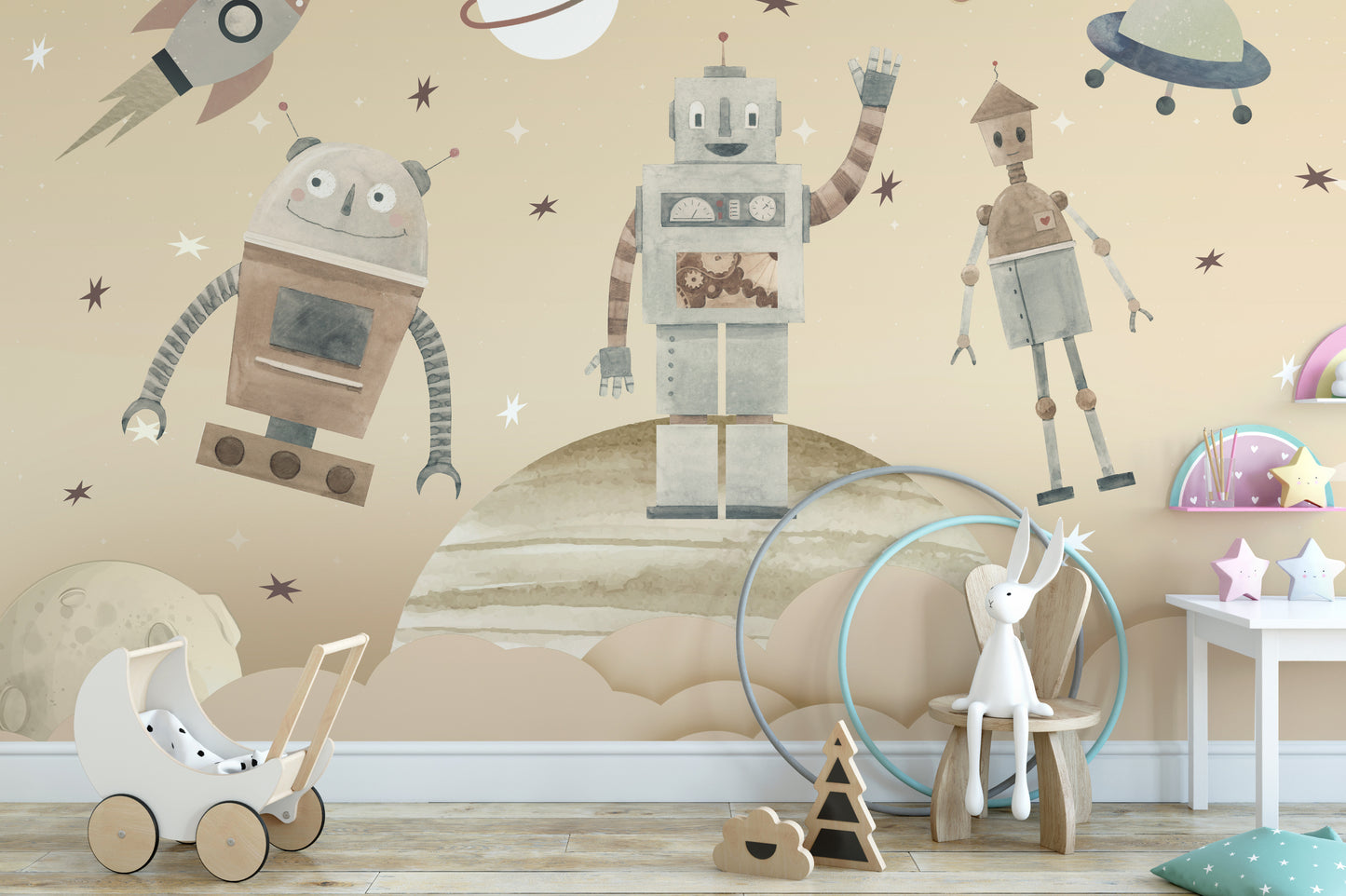 Playful Cosmic Robots Wallpaper Mural with robot details