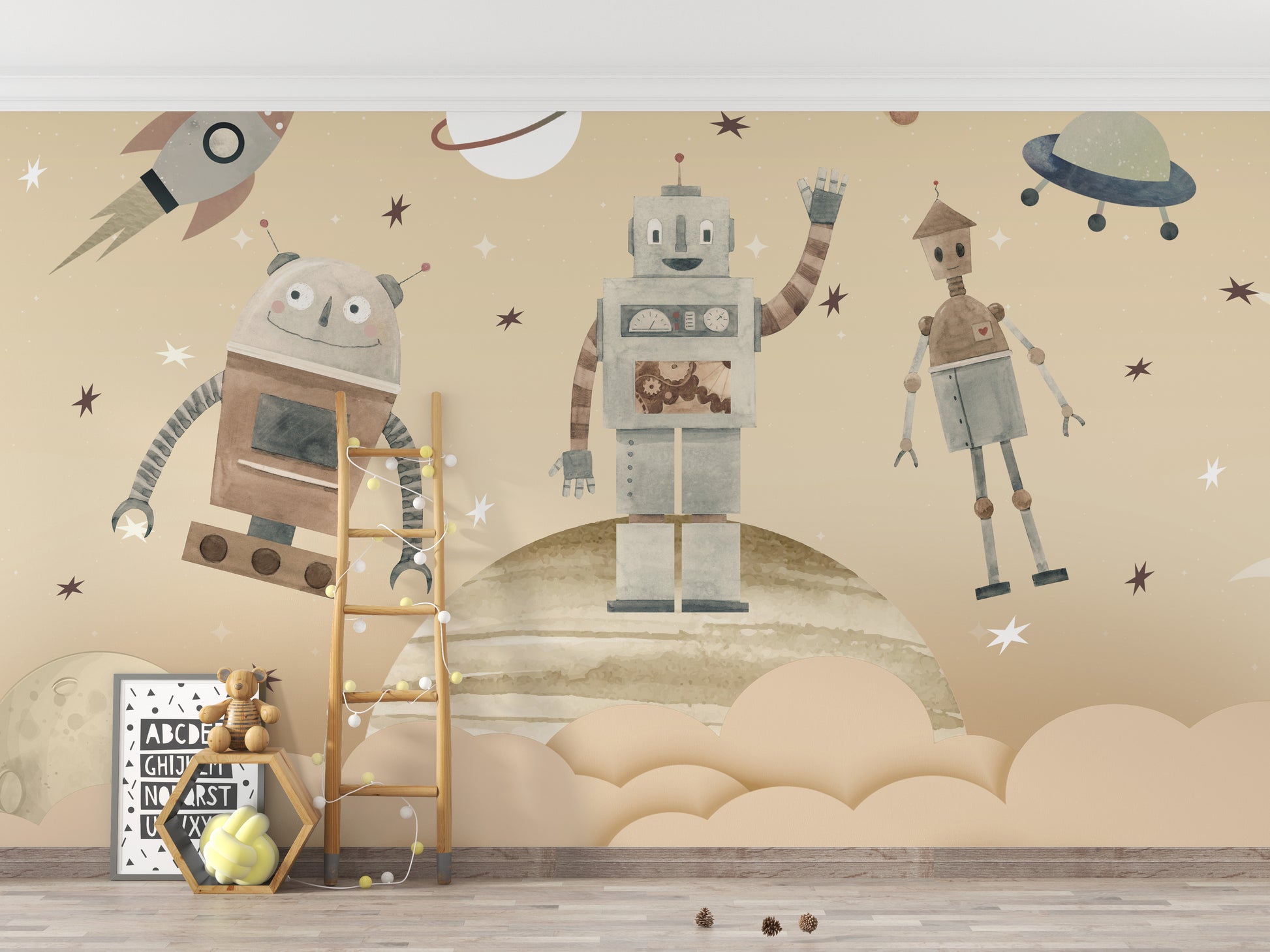 Playful Cosmic Robots Wall Mural for a fun, cosmic scene