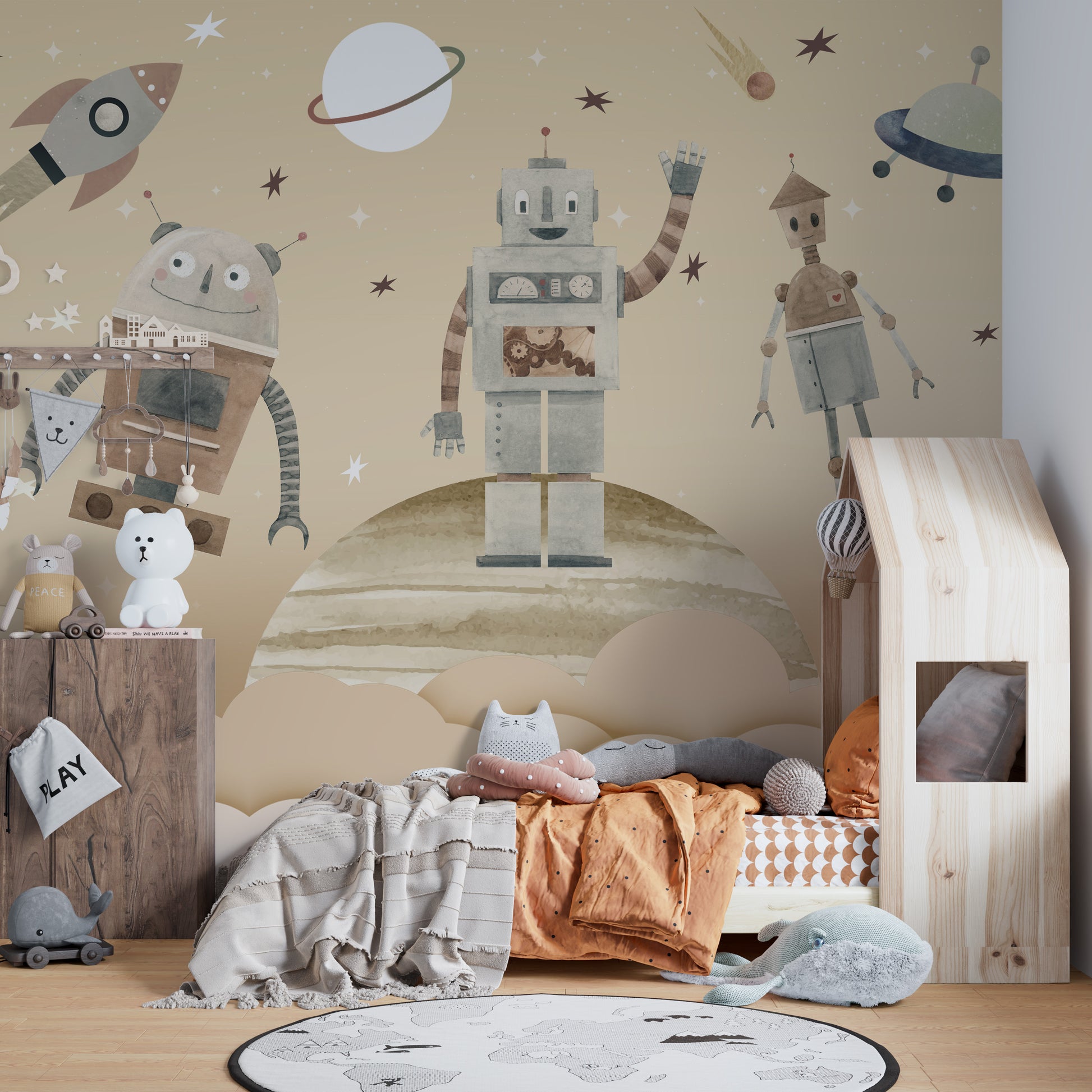 Playful Cosmic Robots Wallpaper Mural with vibrant colors