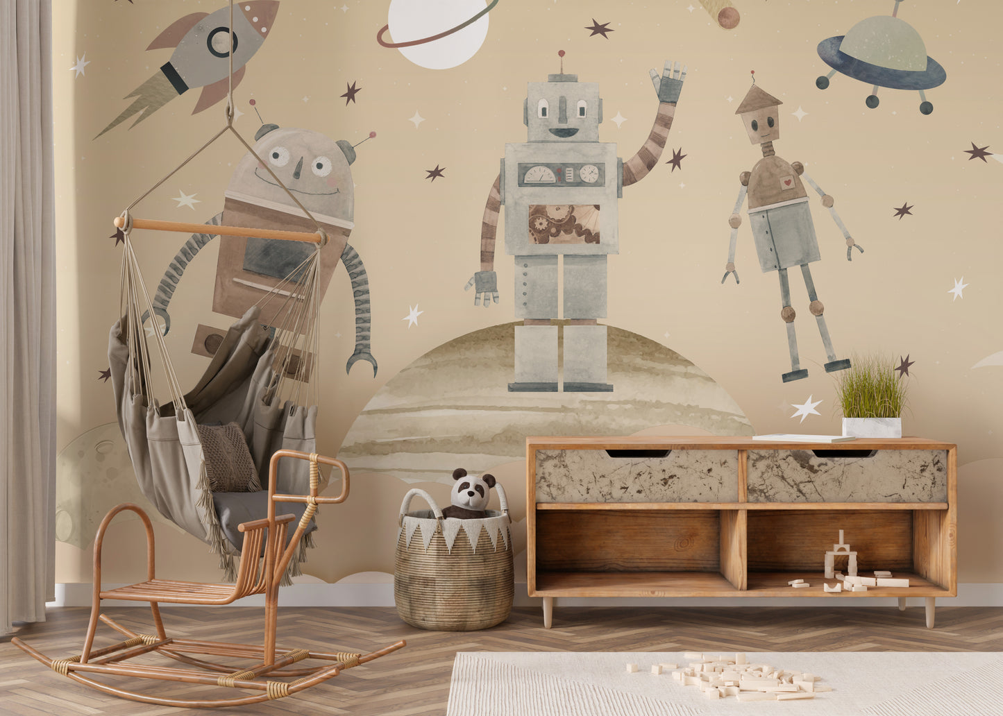 Playful Cosmic Robots Wall Mural for a joyful robot theme