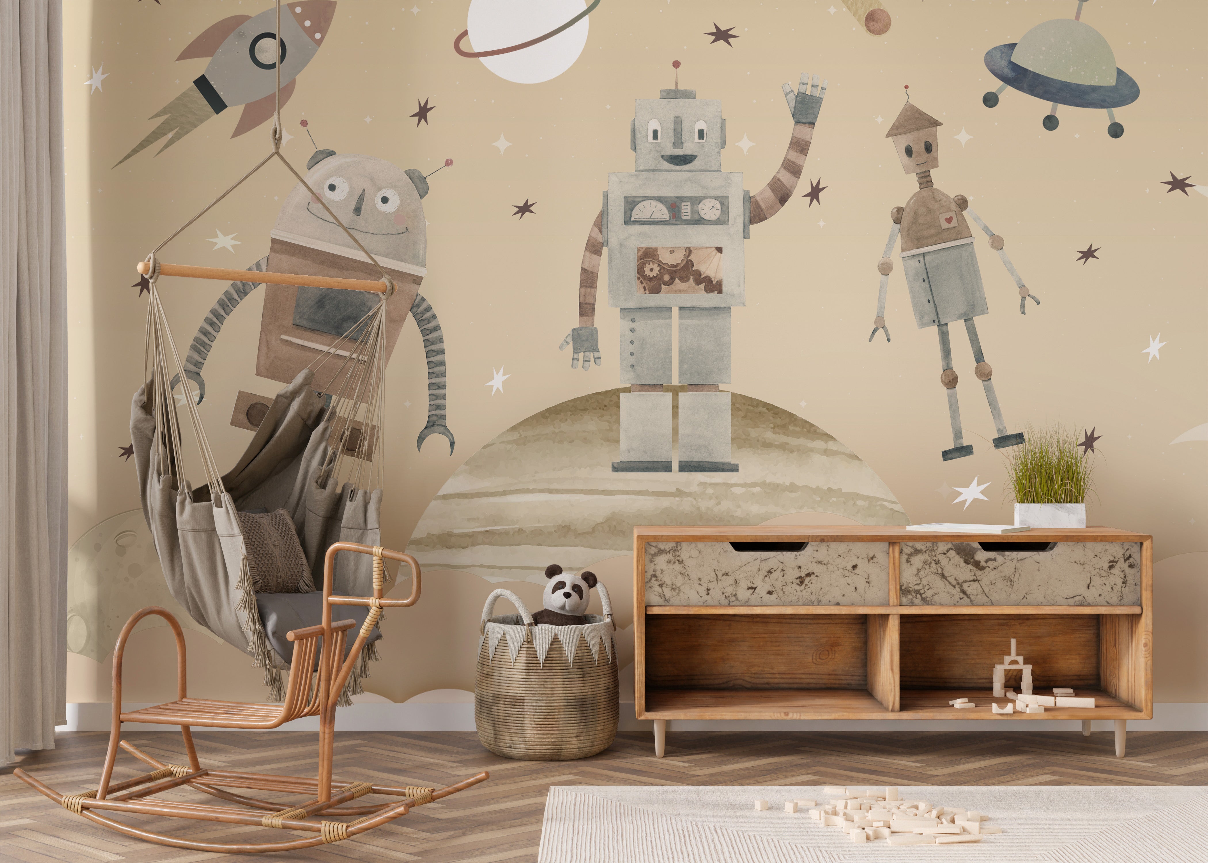 Playful Cosmic Robots Wall Mural for a joyful robot theme