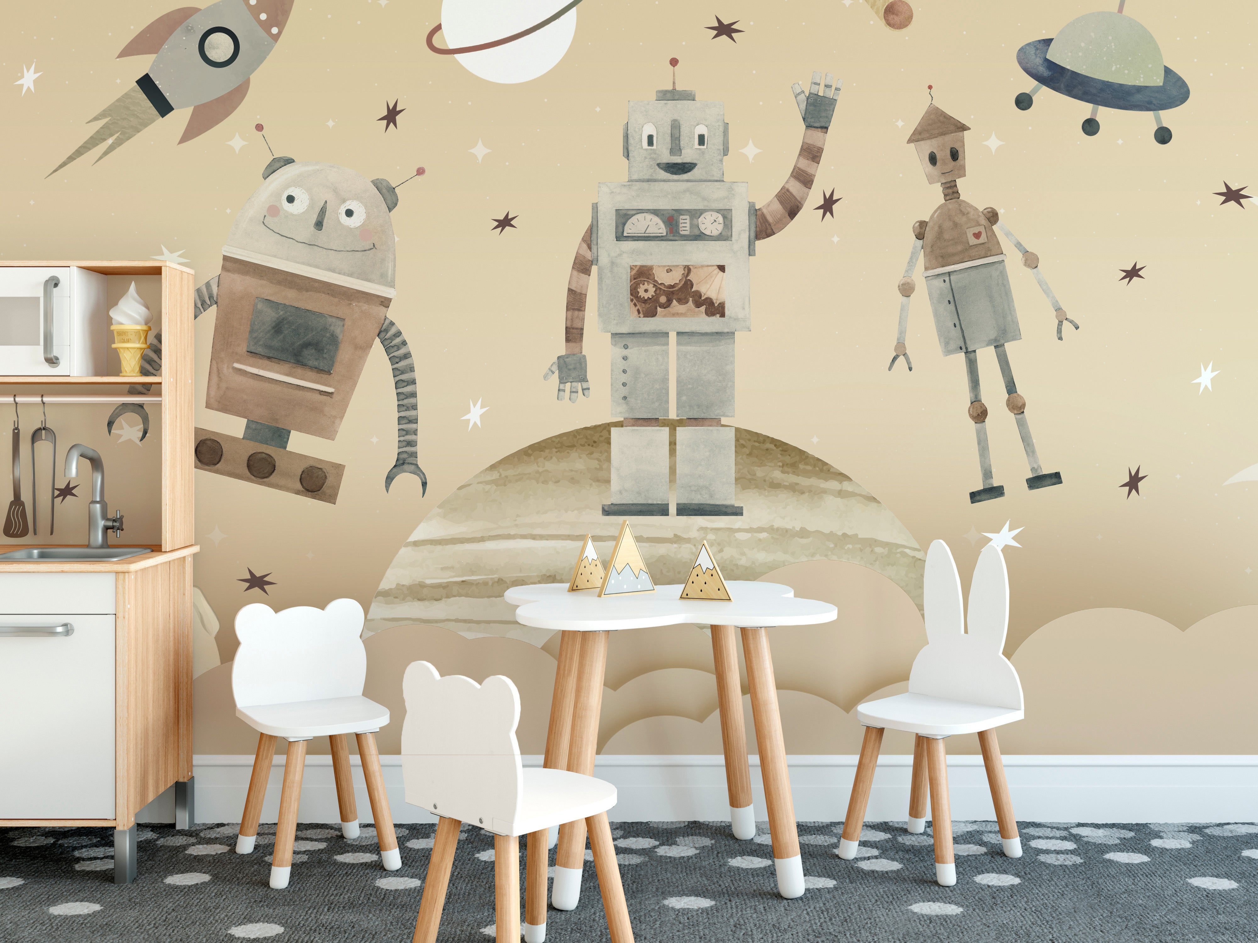 Playful Cosmic Robots Wallpaper Mural for fun, space vibes