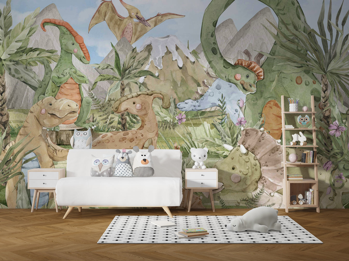 Colorful Dino Friends Wall Mural with cute dinosaur designs