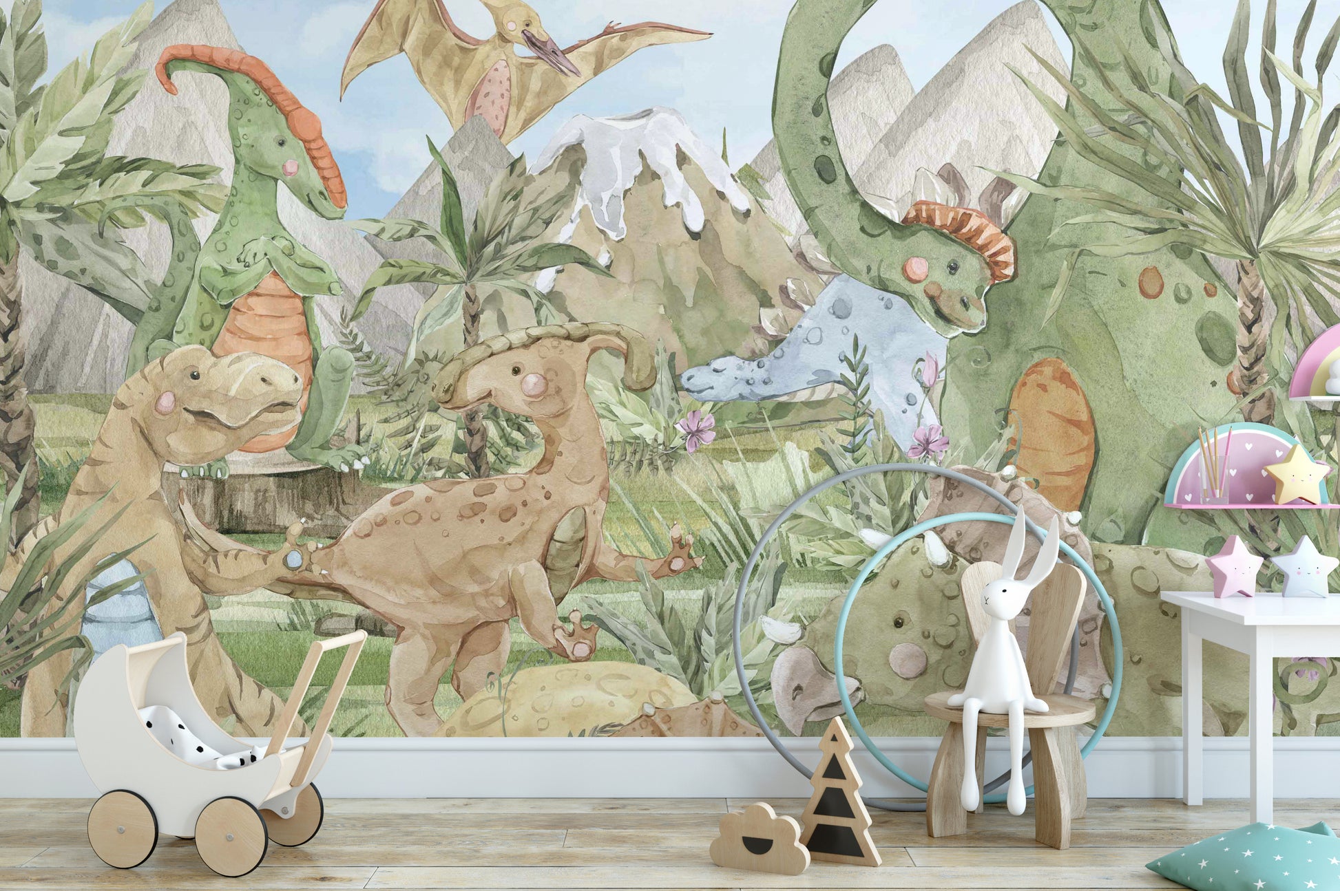 Colorful Dino Friends Wall Mural with vibrant dinosaur colors