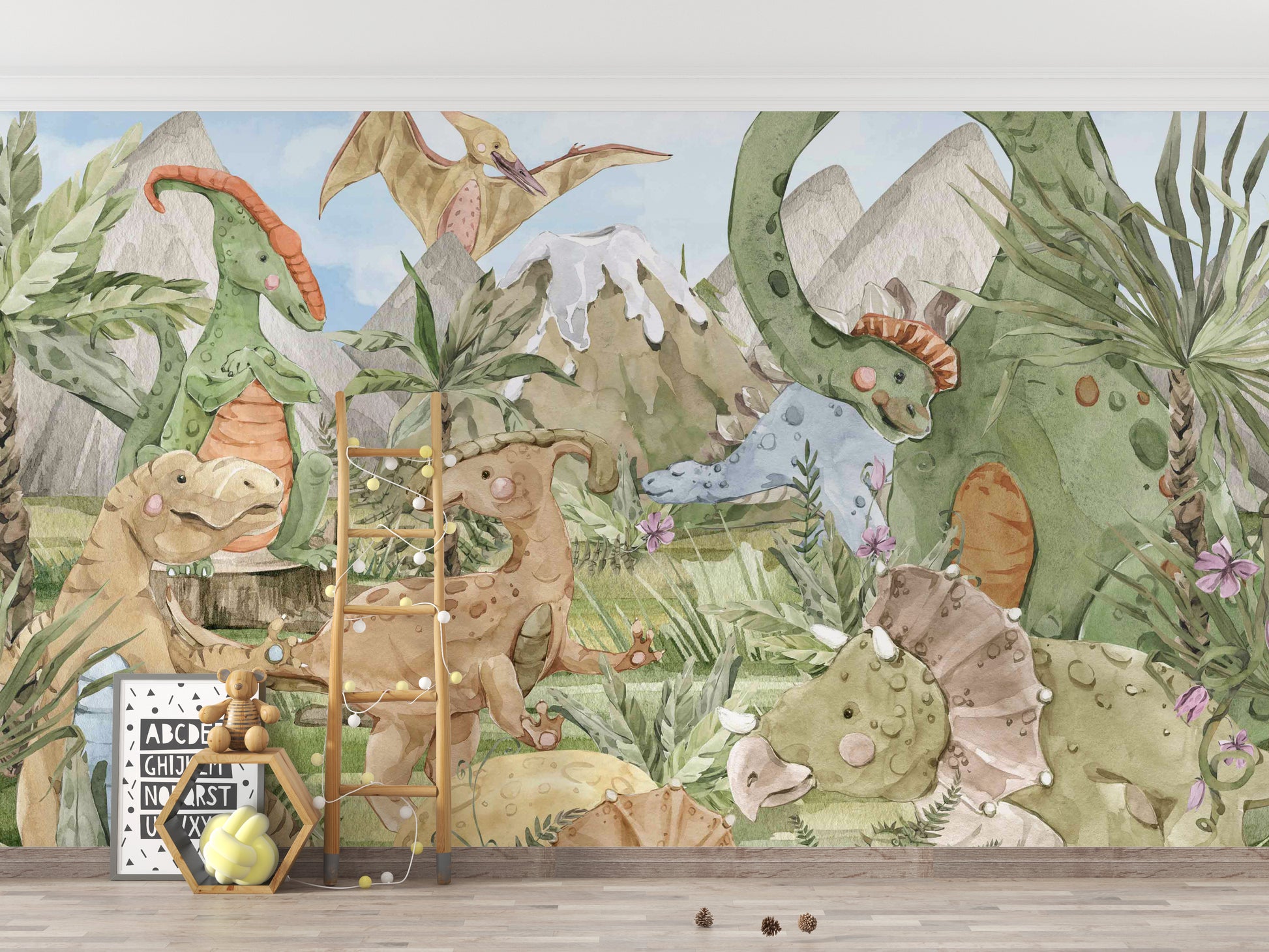 Colorful Dino Friends Wallpaper Mural with friendly dinos