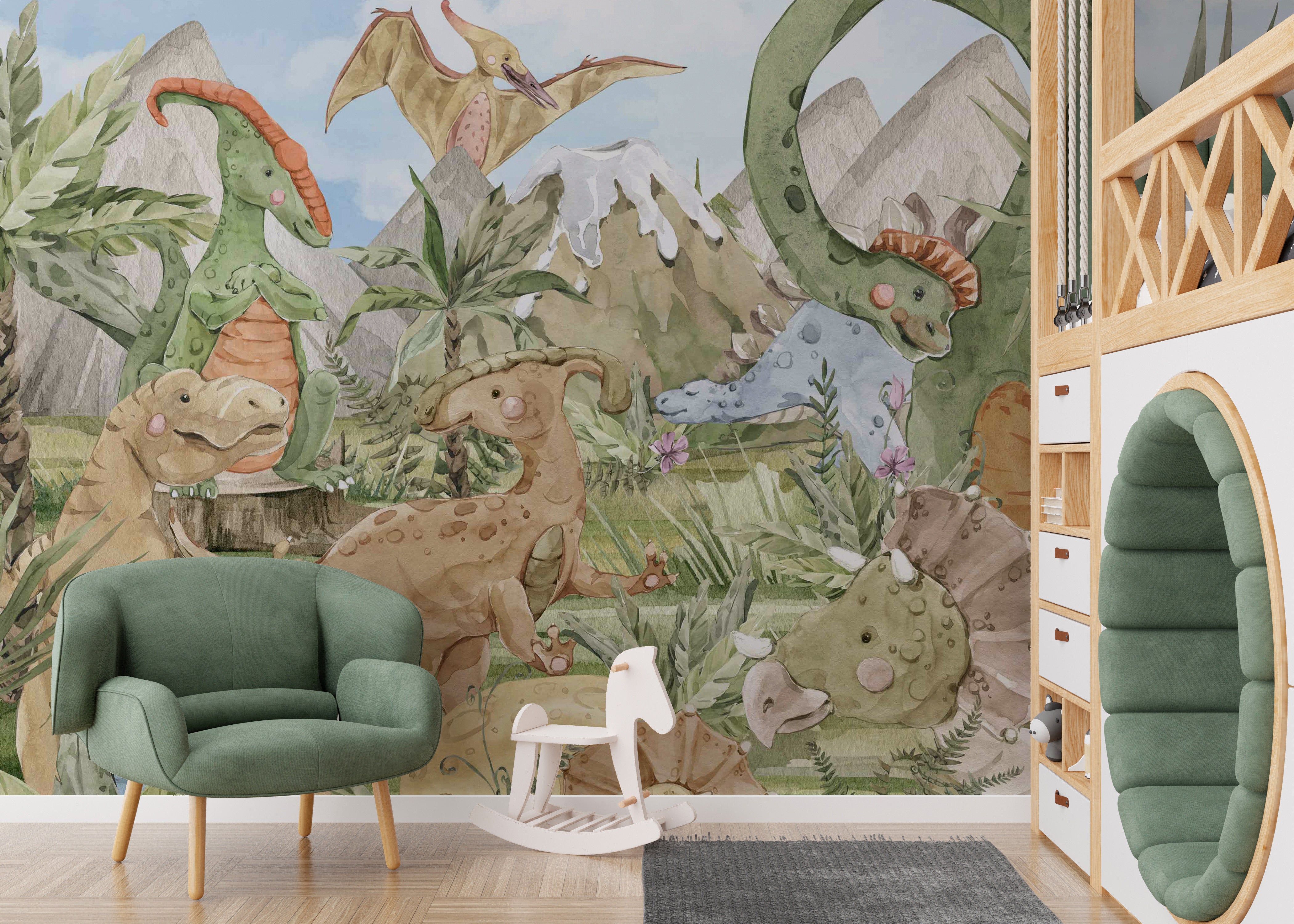 Colorful Dino Friends Wallpaper Mural with fun dinosaur art