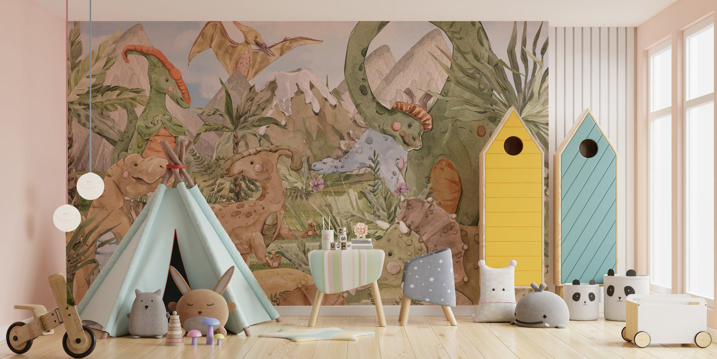 Colorful Dino Friends Wallpaper Mural with cheerful dinos