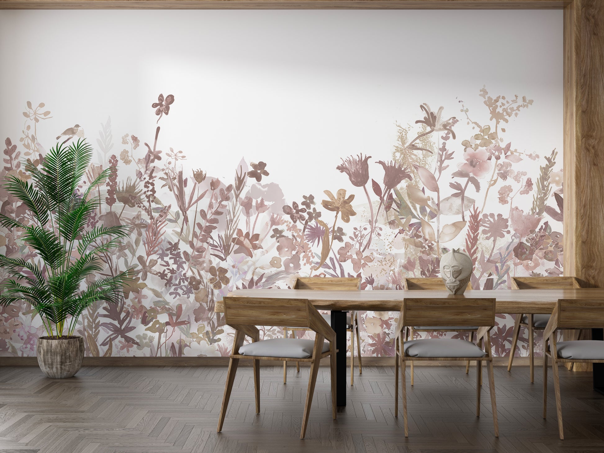 Misty Garden Wall Mural with mist-covered flowers