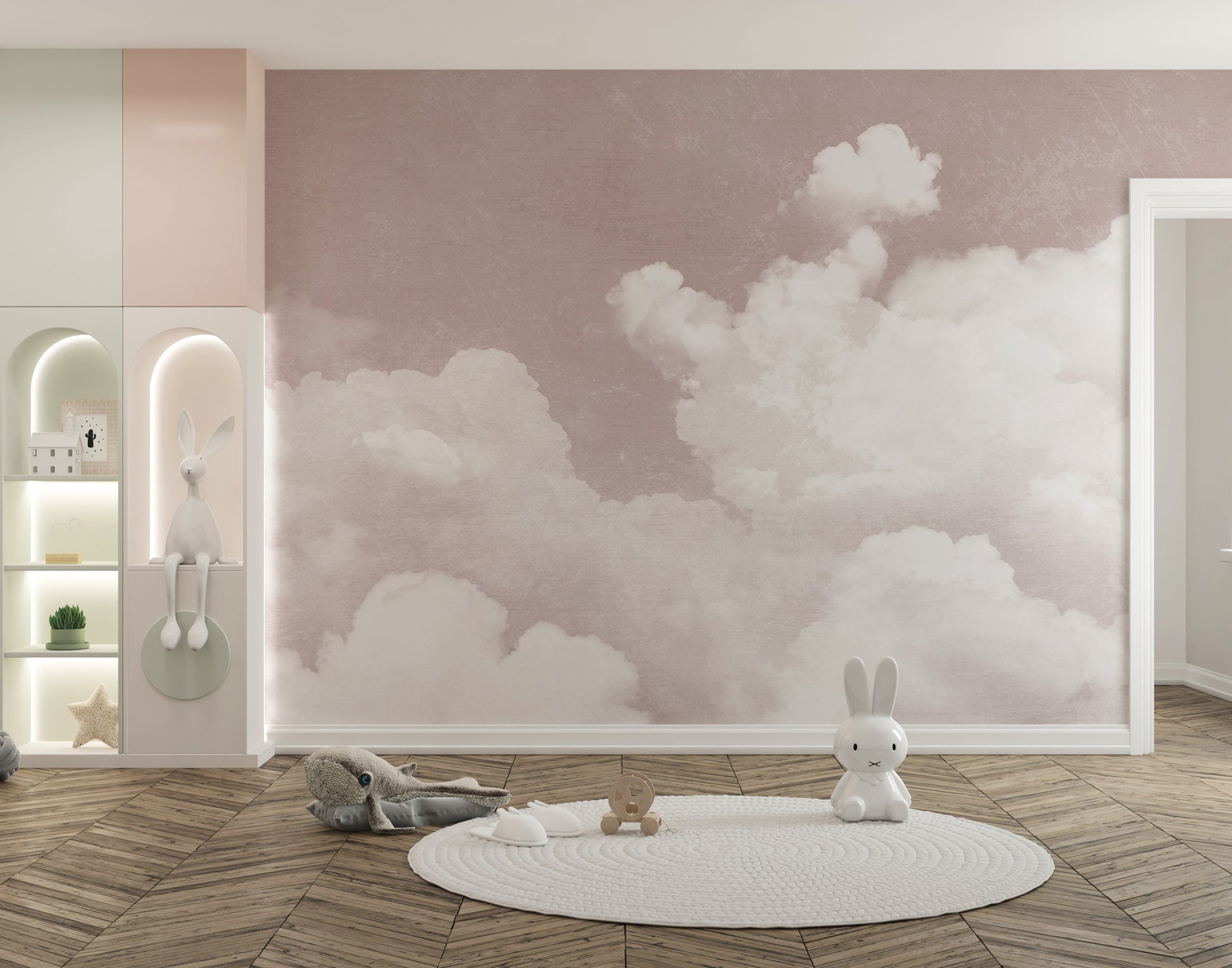 Soft Pink Clouds Wall Mural with soothing cloud patterns