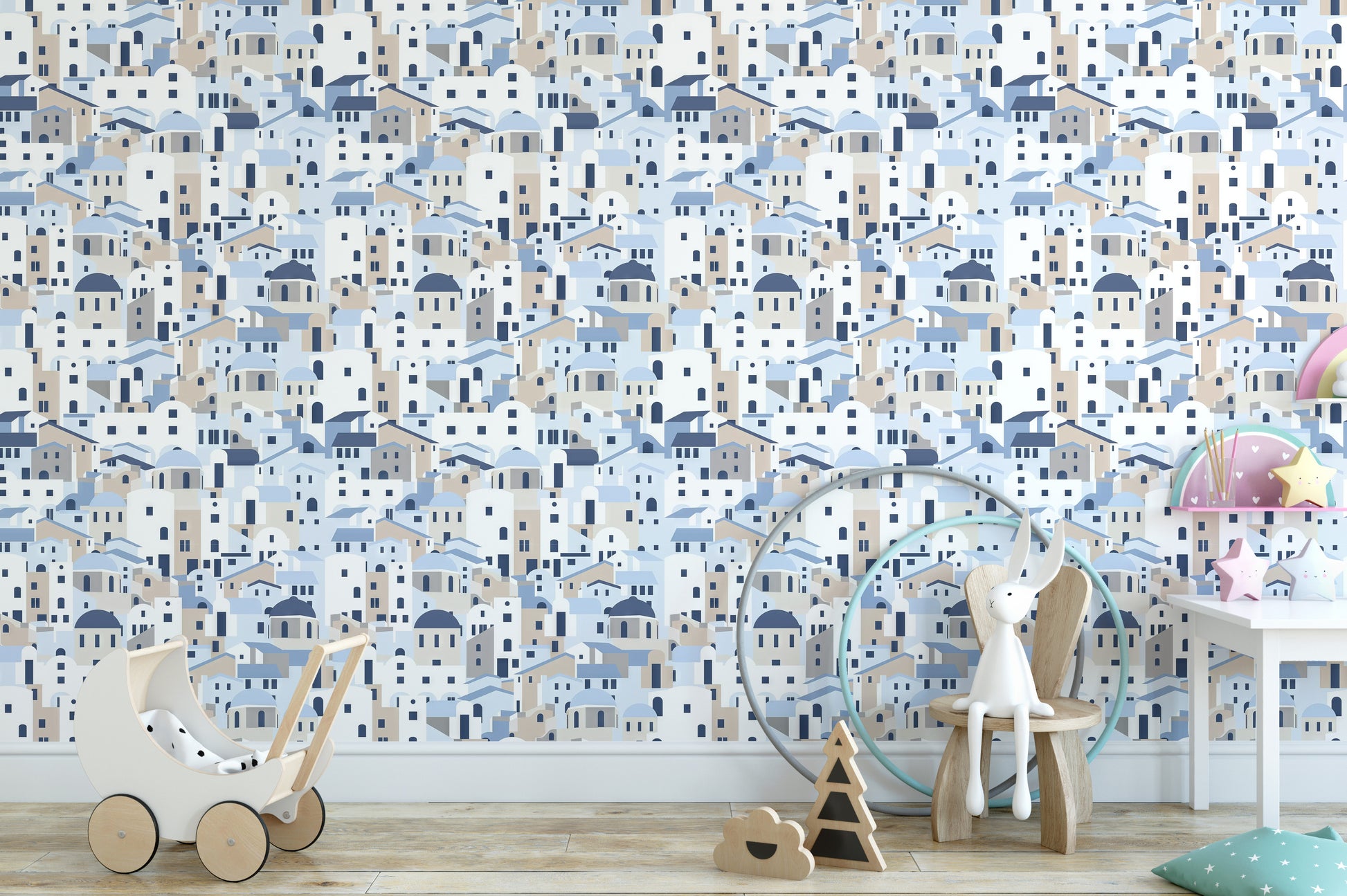 Greek Island Houses Wallpaper Mural with bright island charm