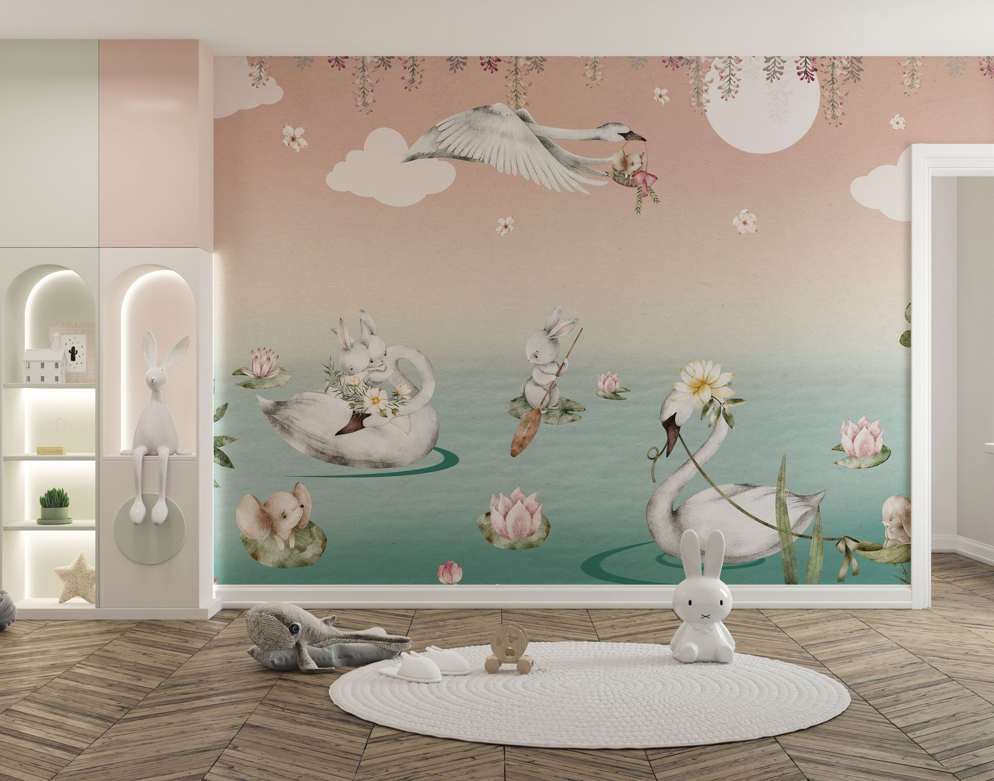 Swan Lake Fantasy Wall Mural with elegant, floating swans