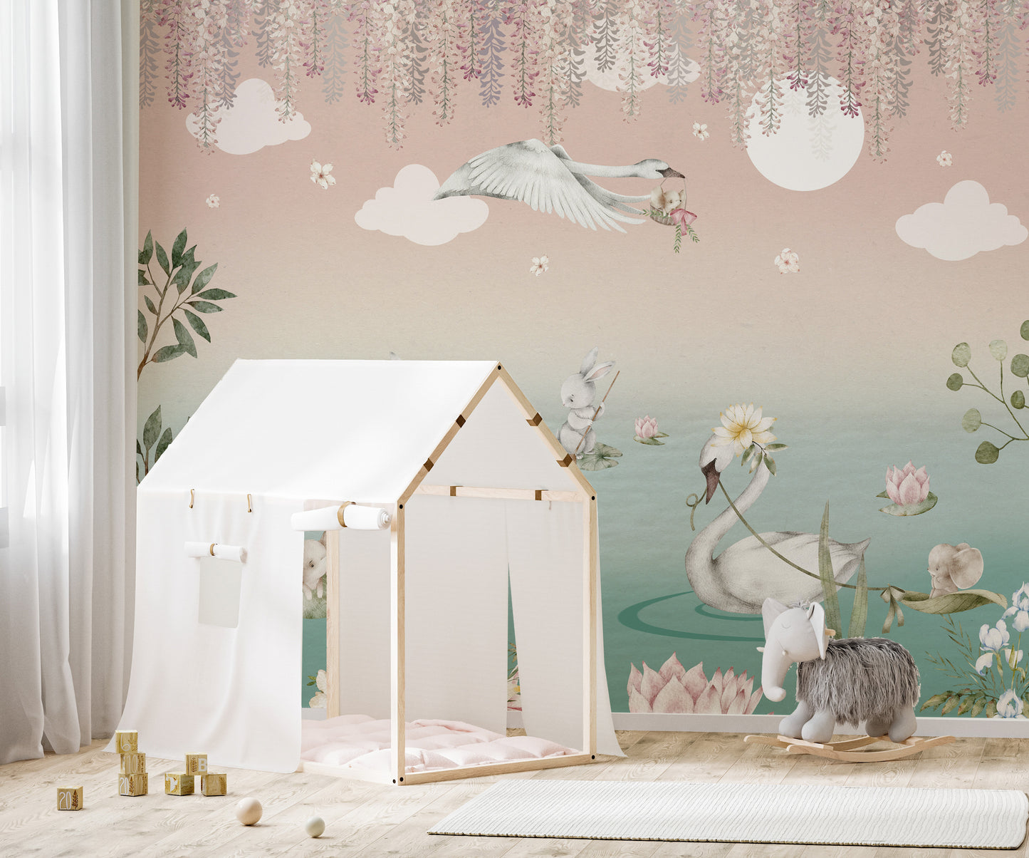 Swan Lake Fantasy Wall Mural with misty lake details