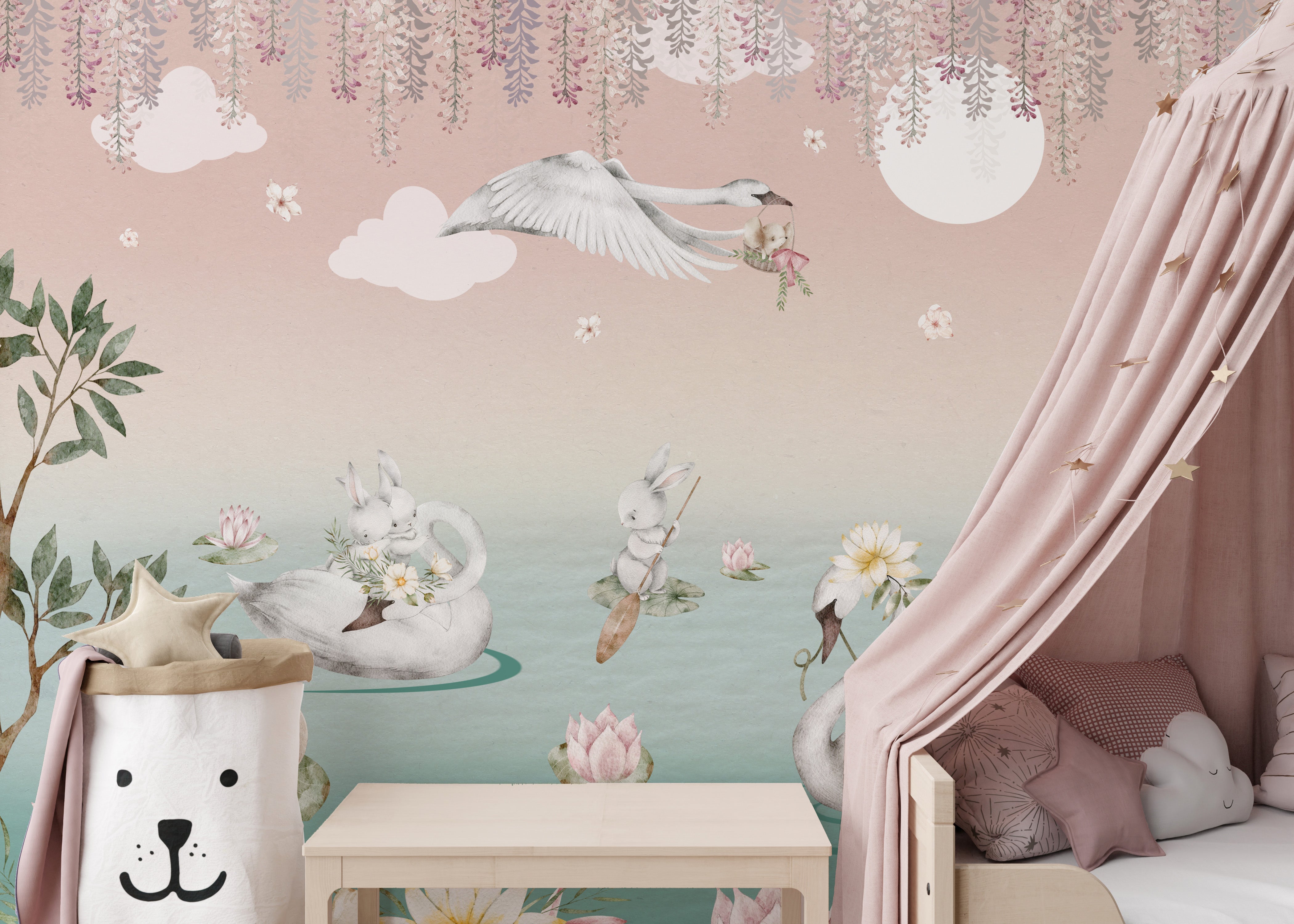 Swan Lake Fantasy Wallpaper Mural with graceful swans