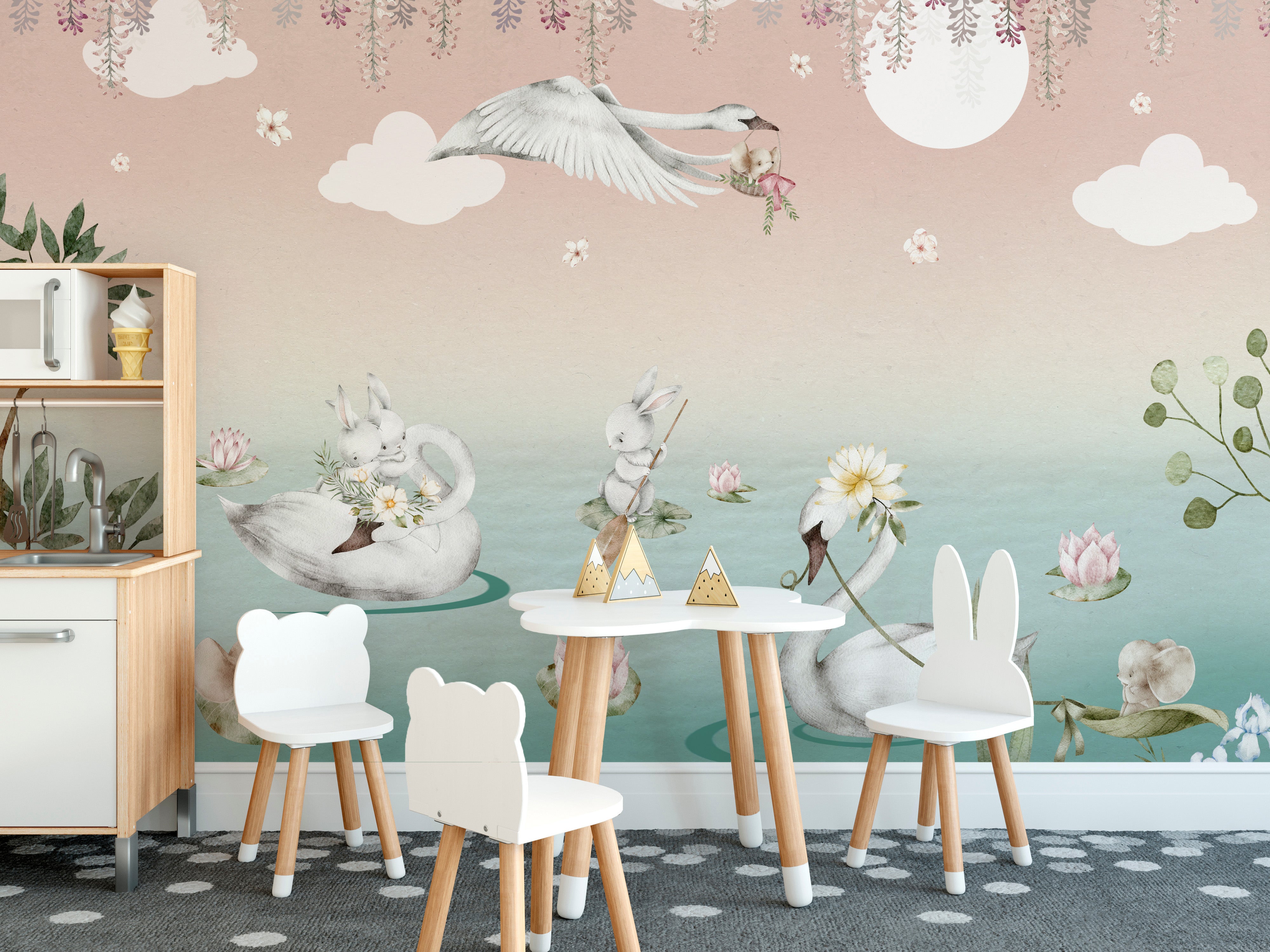 Swan Lake Fantasy Wallpaper Mural with graceful swans