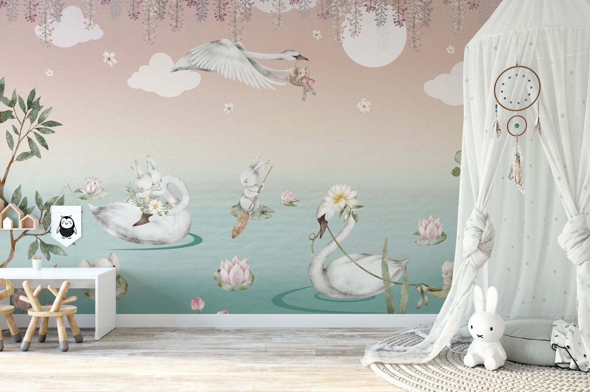 Swan Lake Fantasy Wallpaper Mural with elegant swans