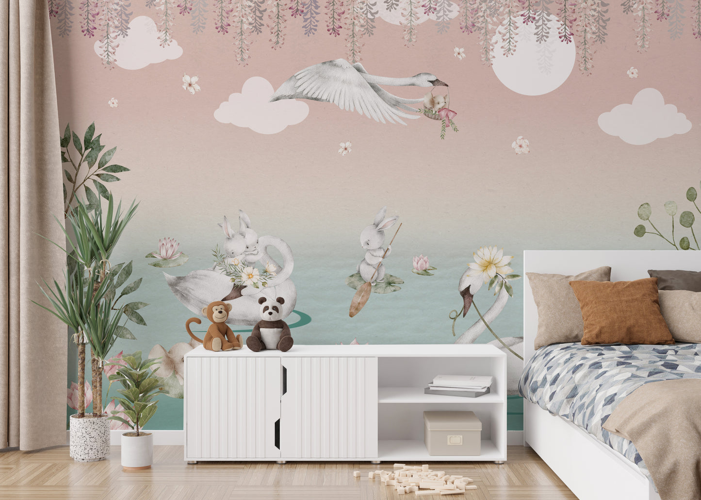 Swan Lake Fantasy Wallpaper Mural with serene water views