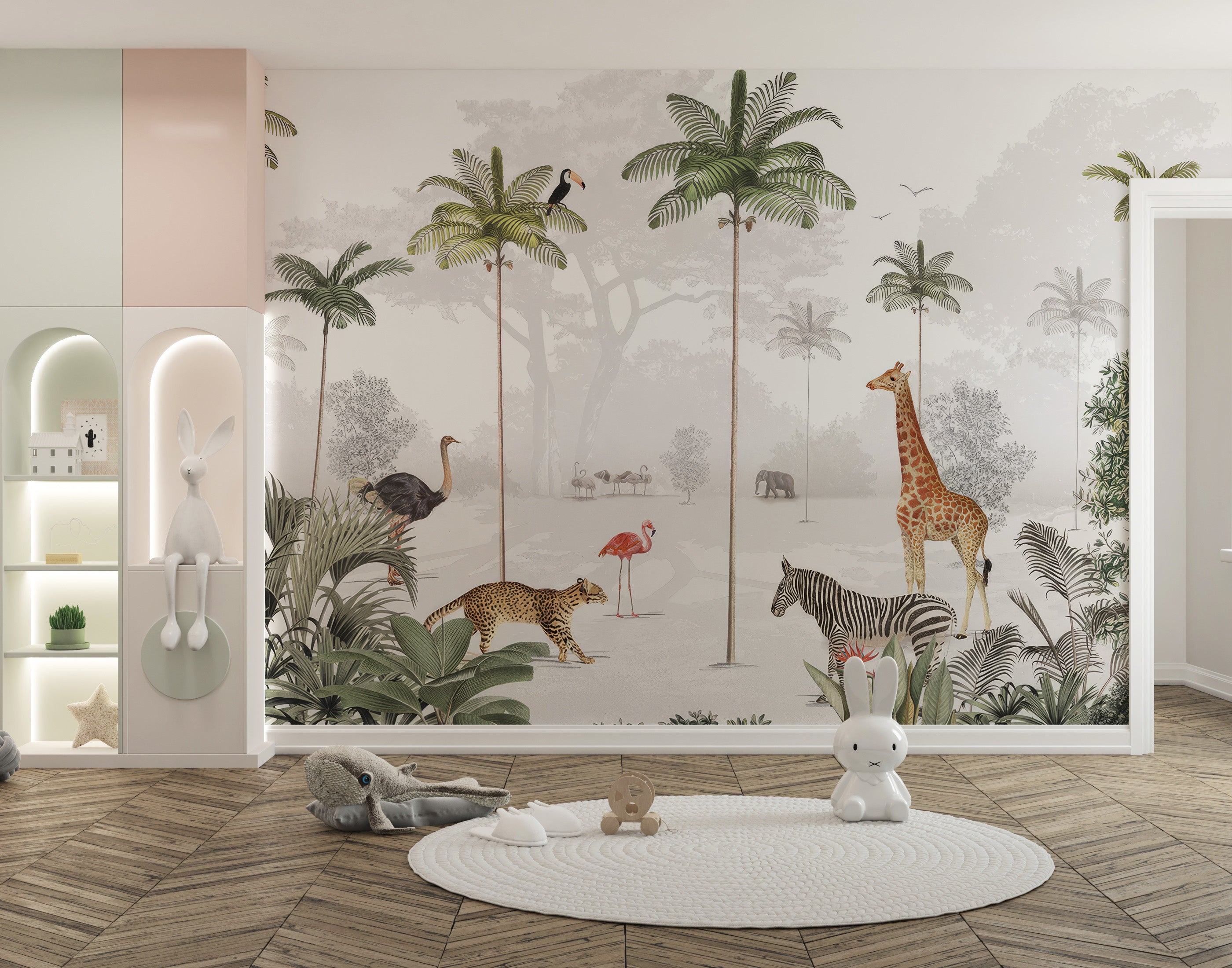 Rainforest Animals Wall Mural with lush jungle views