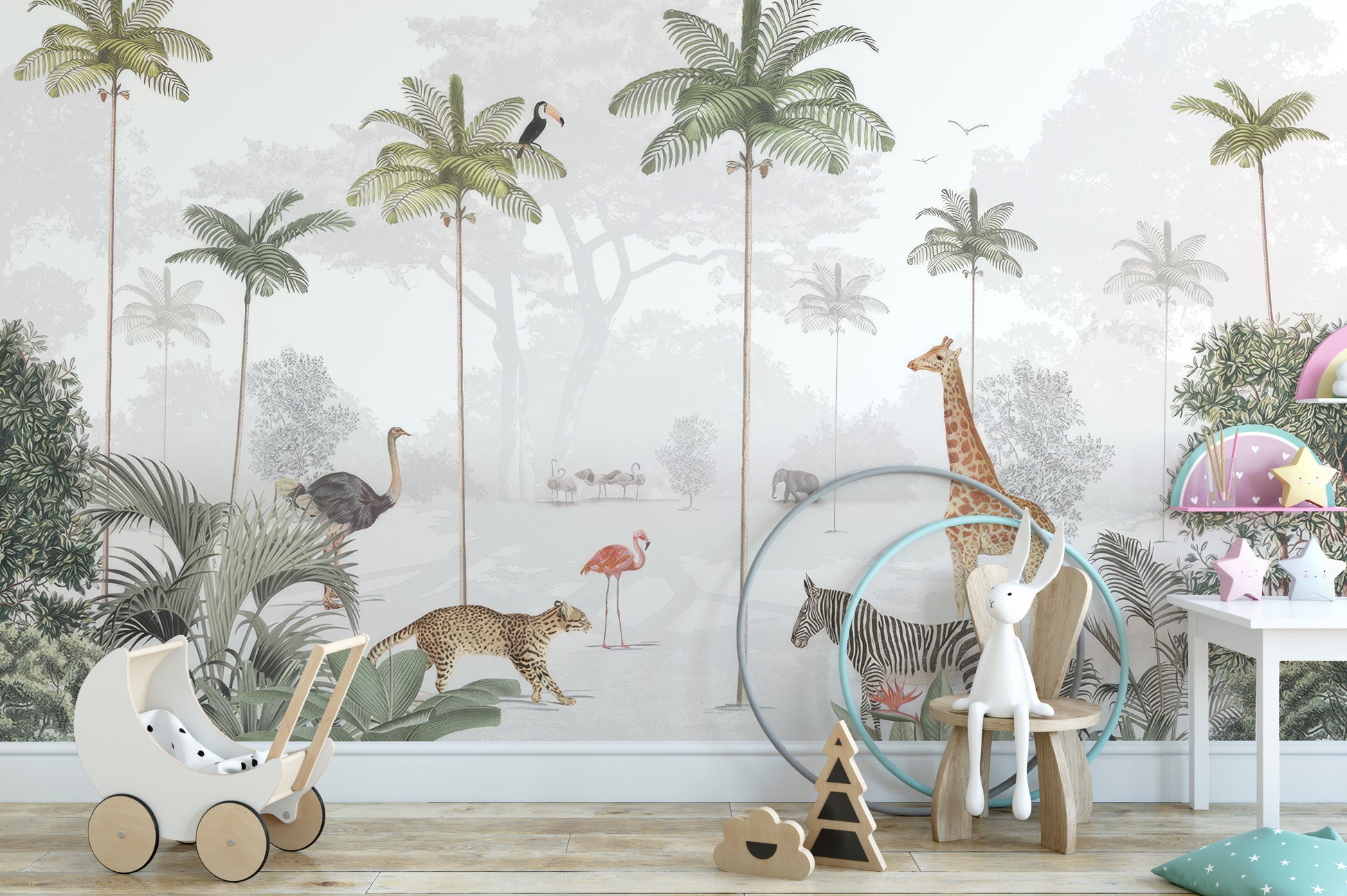 Rainforest Animals Wall Mural with playful jungle animals