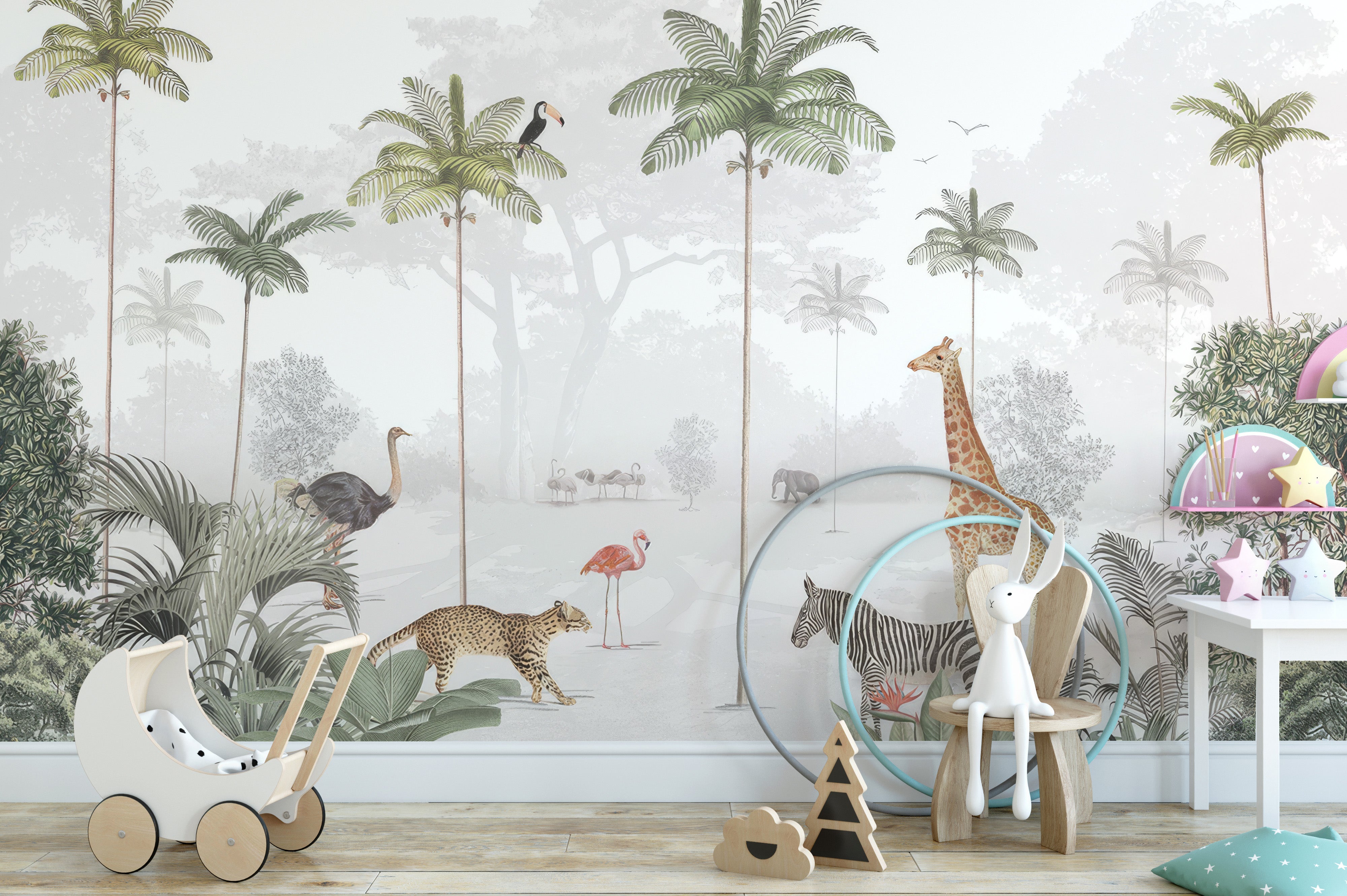 Rainforest Animals Wall Mural with playful jungle animals