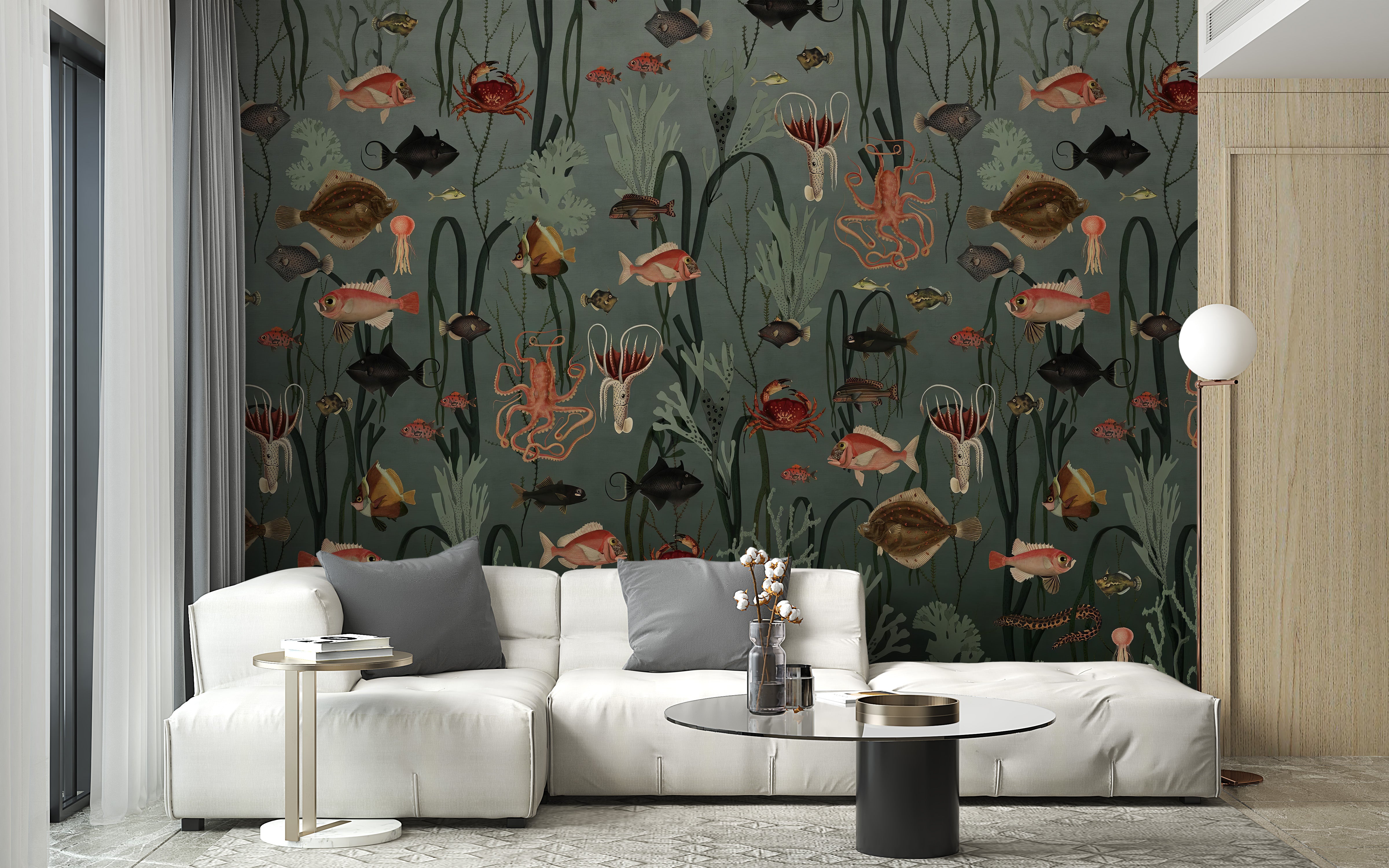 Deep Sea Adventure Wallpaper Mural with ocean creatures' details