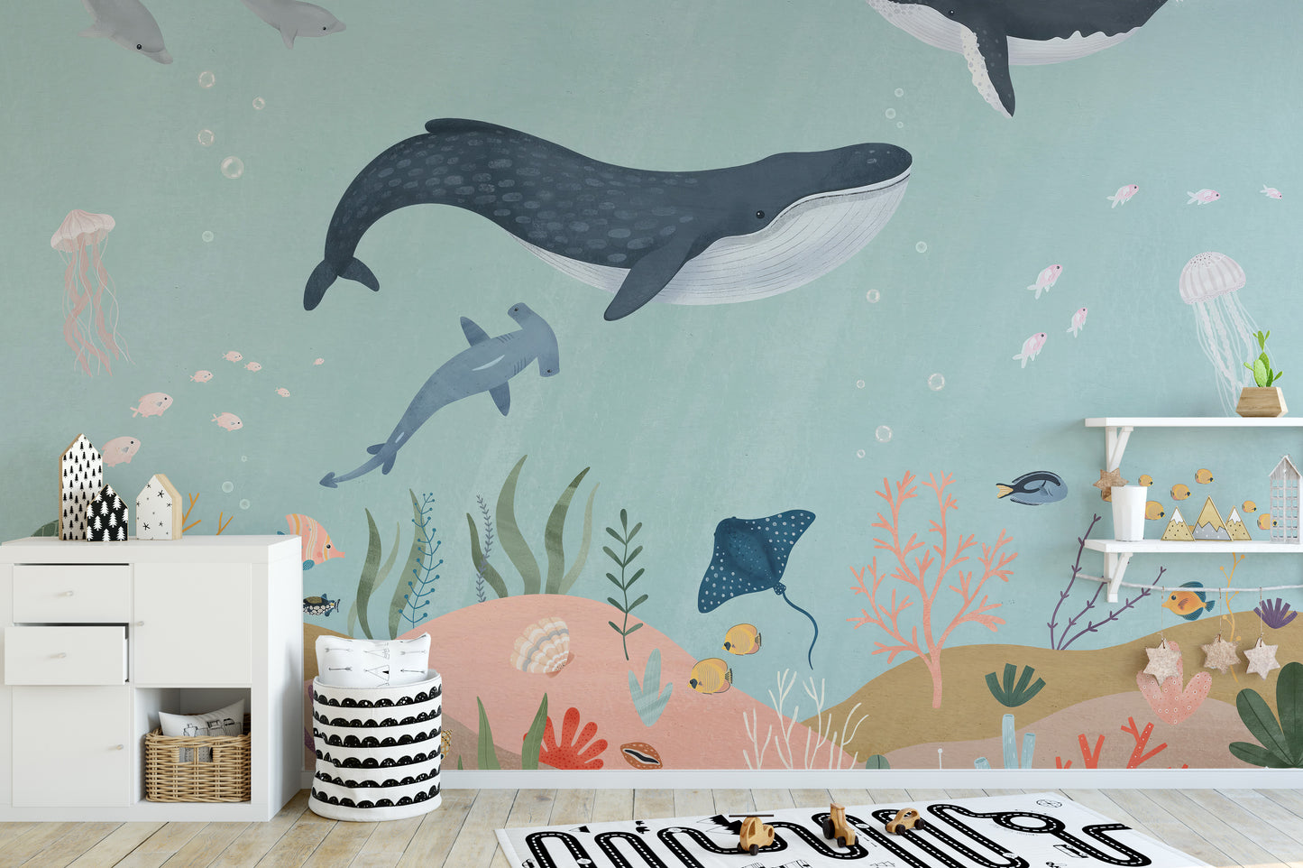 Aquatic Wonders Wall Mural with bright aquatic life details