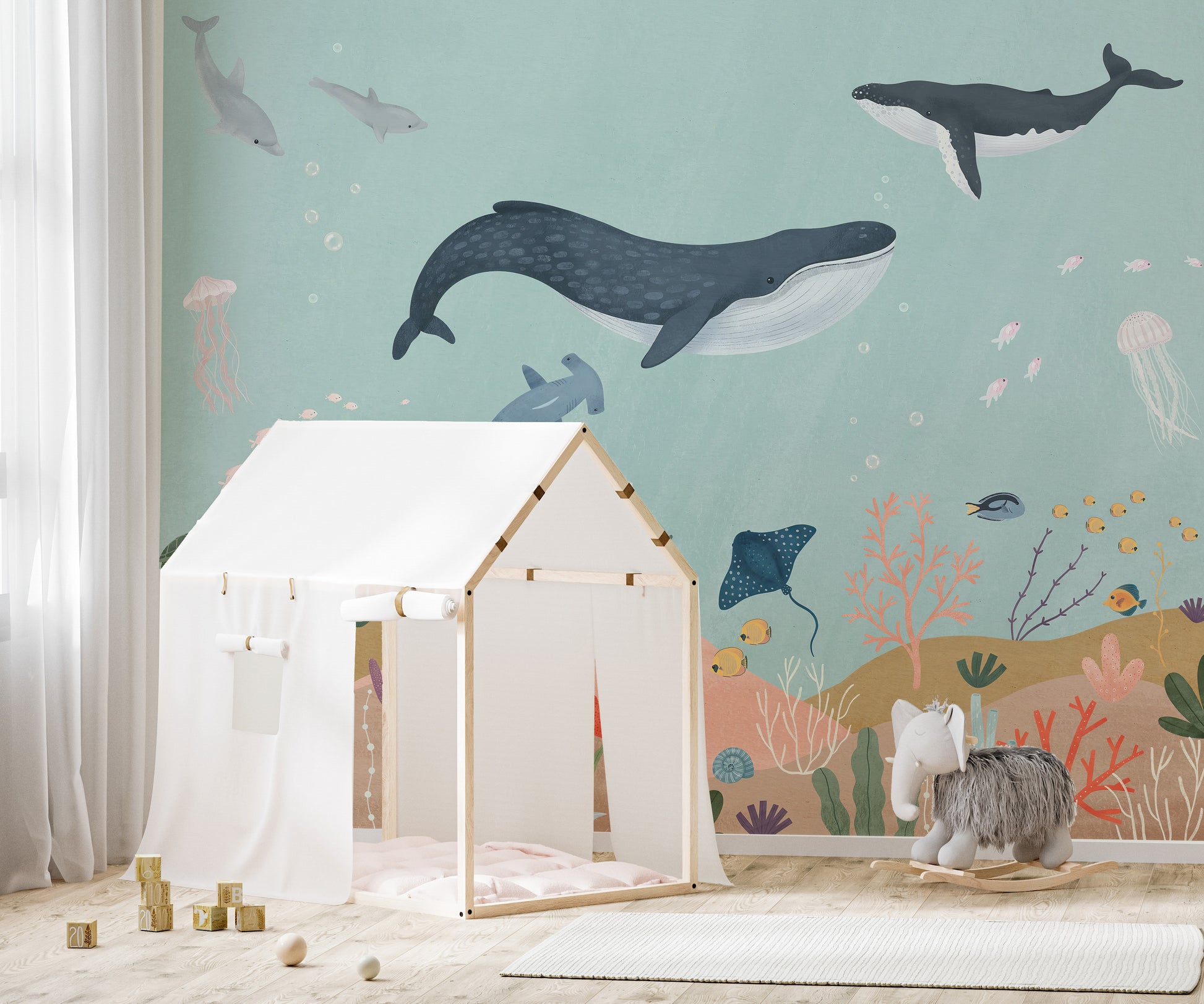 Aquatic Wonders Wall Mural with vibrant oceanic creatures