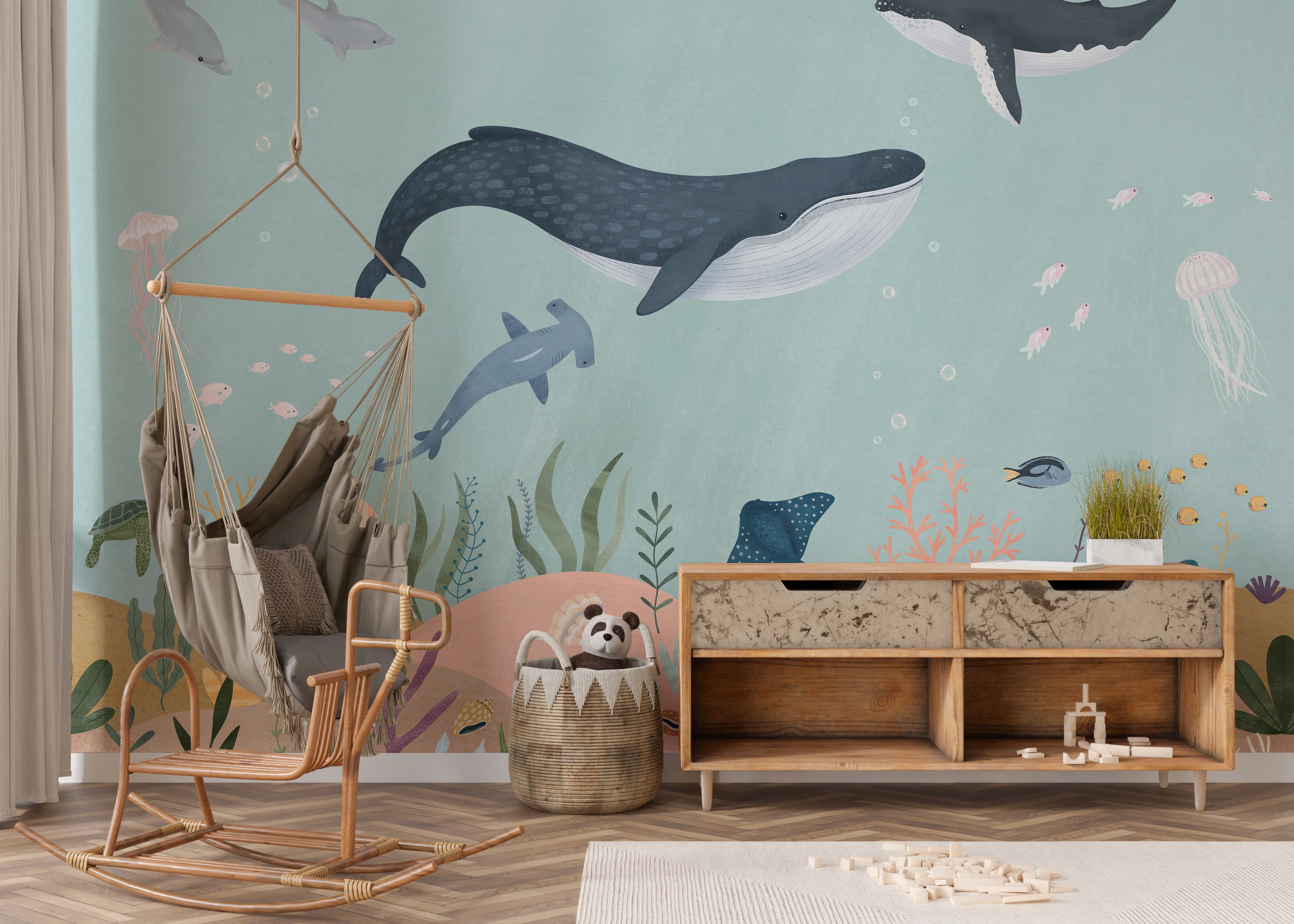 Aquatic Wonders Wall Mural with diverse marine life