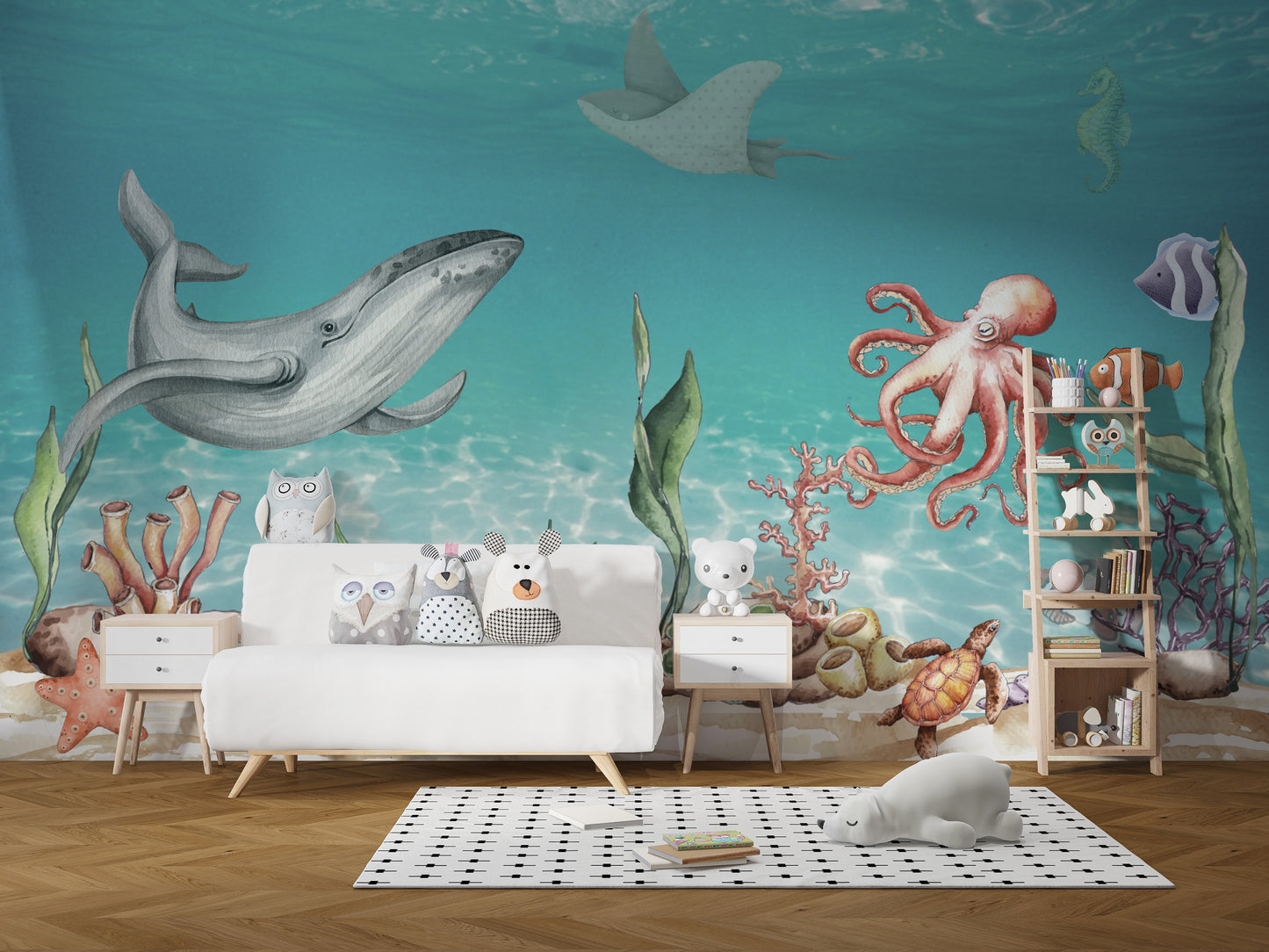 Whale and Friends Wall Mural with friendly sea creatures